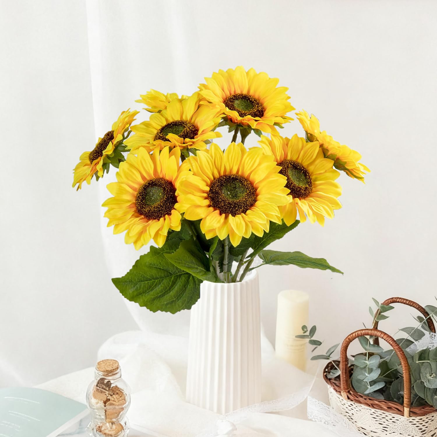 TILONKJ 8 Pcs Fake Sunflowers, Artificial Sunflowers Flowers Realistic, Artificial Sunflowers, 47cm Silk Sunflower,Sunflower Artificial Flowers for DIY Home Wedding Bridal Shower Party Decor