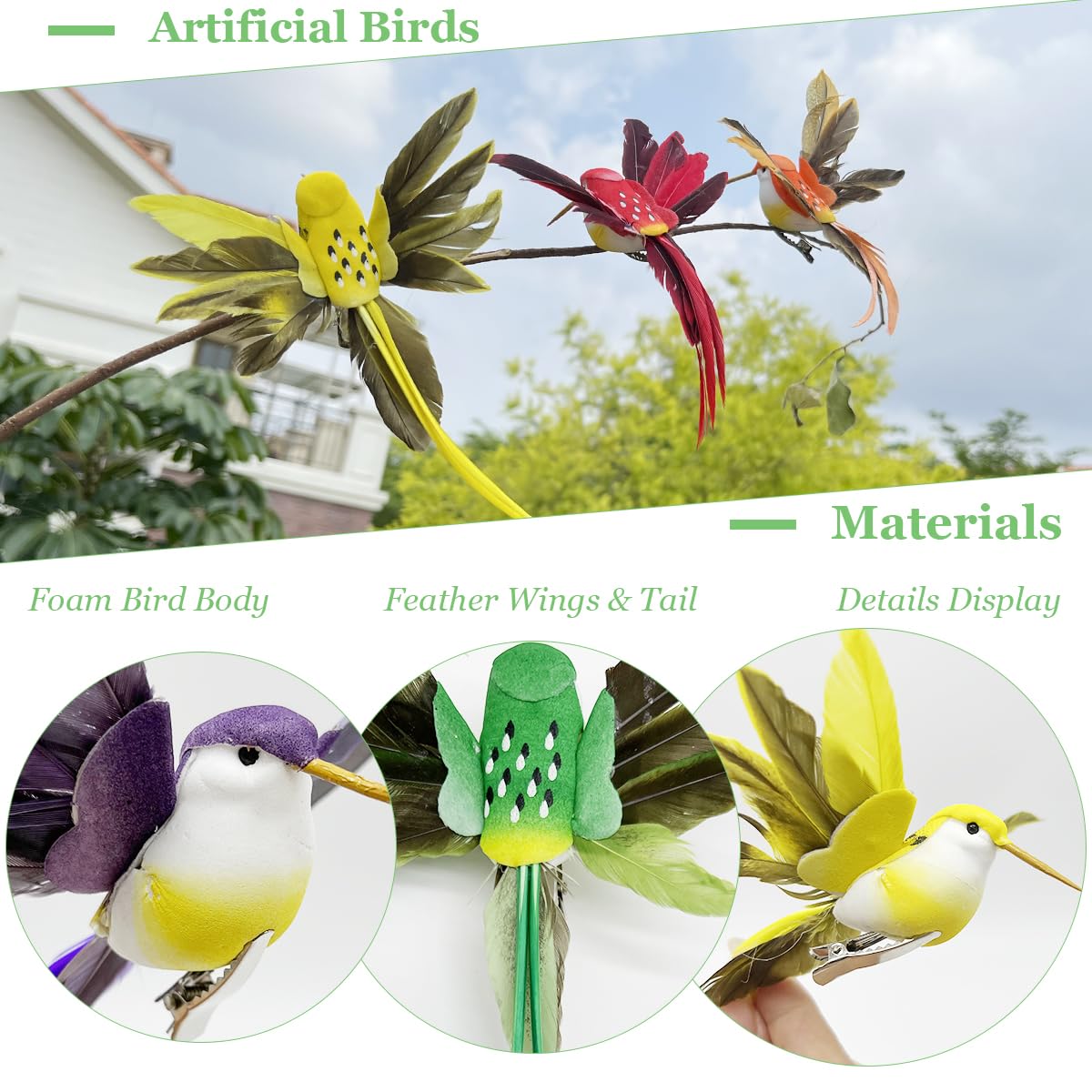 LWINGFLYER 12PCS Artificial Bird Decoration Hummingbird Foam Feathers with Clips Suitable for Handicrafts Christmas Garden Tree Wedding Decoration - Image 4
