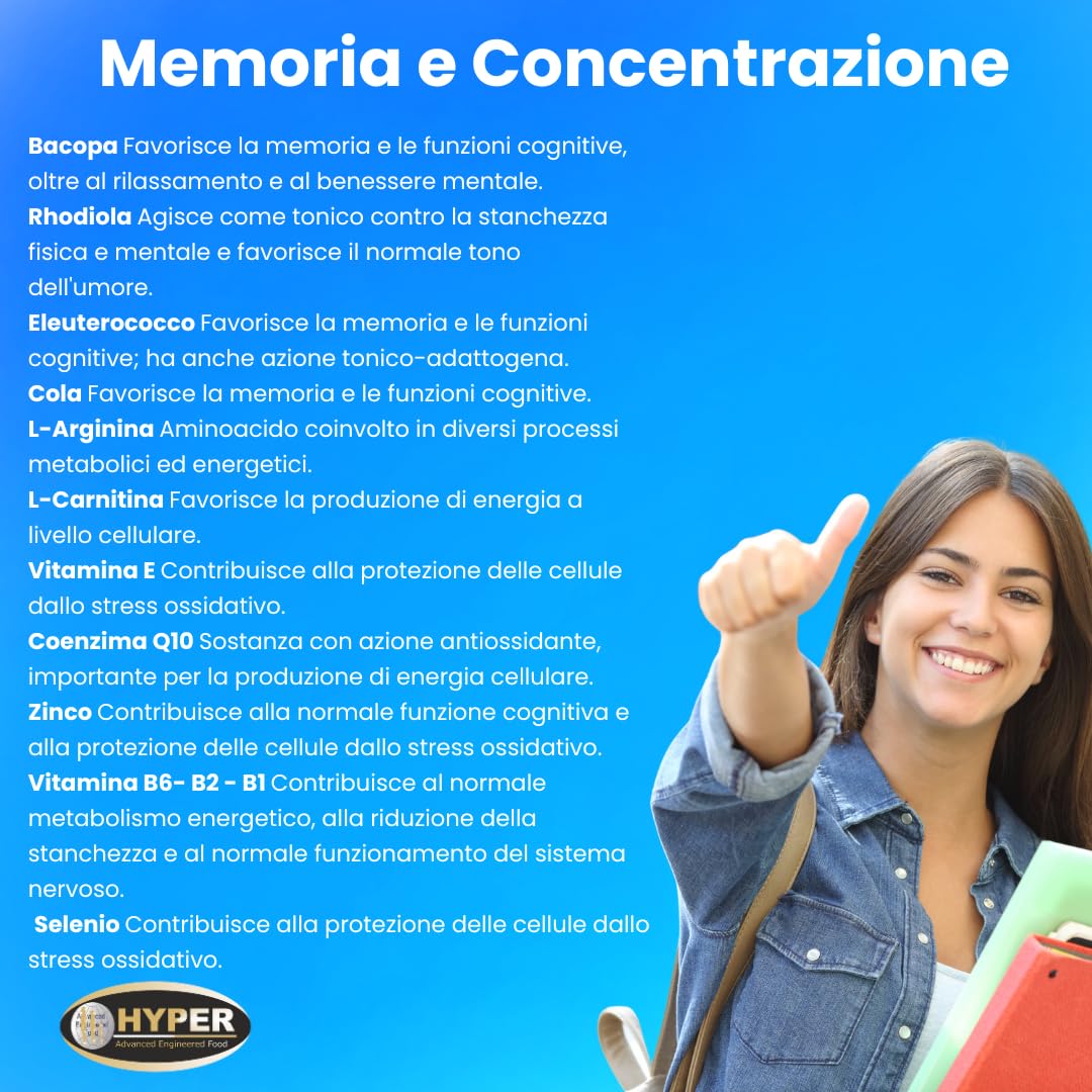 HYPER MEMORIA – Integratore per Concentrazione, Focus e Energia Mentale con Bacopa, Rhodiola, Eleuterococco, L-Arginina, L-Carnitina, Coenzima Q10, Vitamine B1 - B2 - B6 -E, Zinco e Selenio.