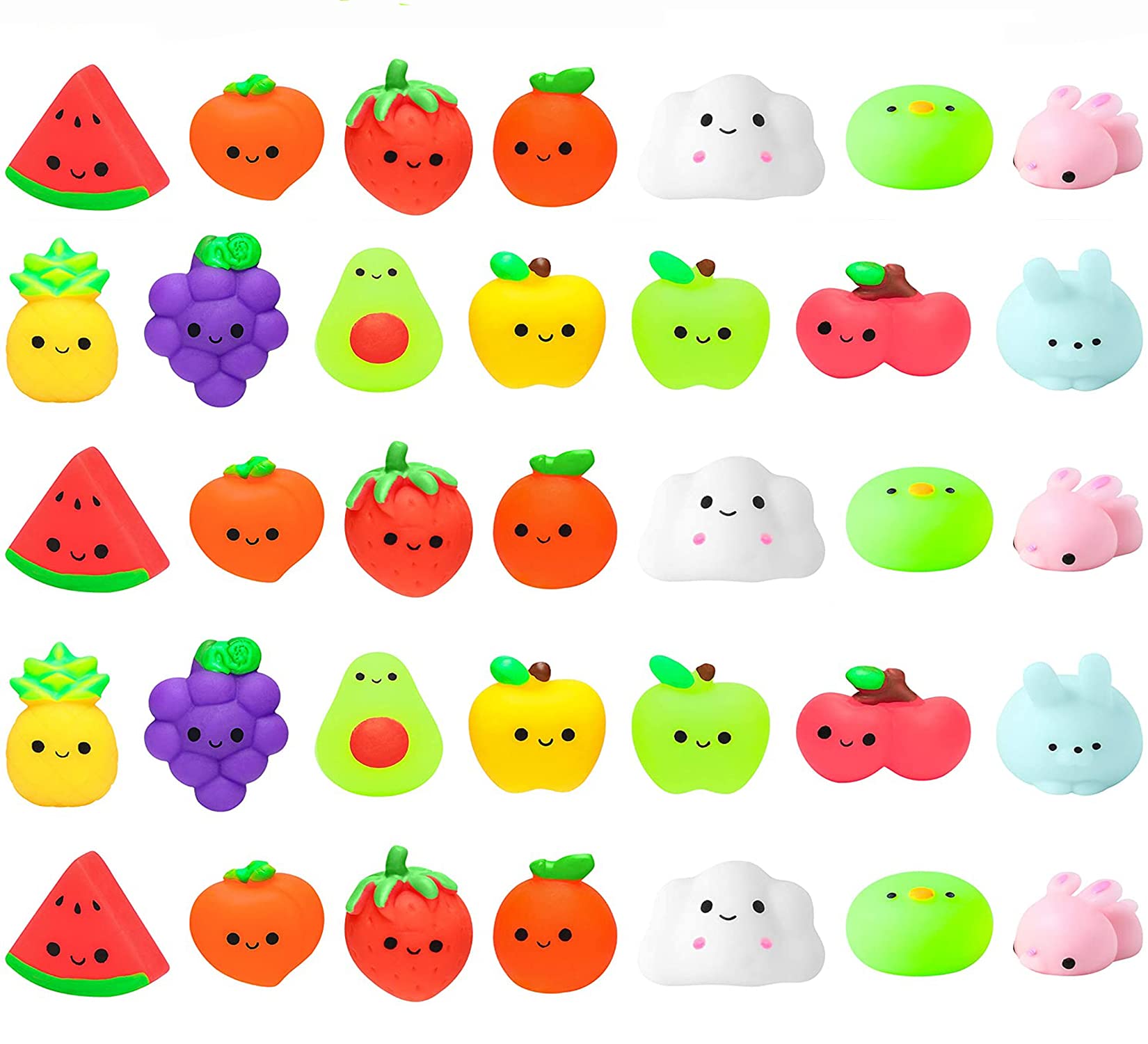 WATINC Random 30Pcs Mochi Squeeze Toys Set for Kids, Kawaii Mini Soft Fruit Squeeze Toys, Cute Animal Squeeze Toy Stress Relief Toys Gift Decoration for Birthday Party