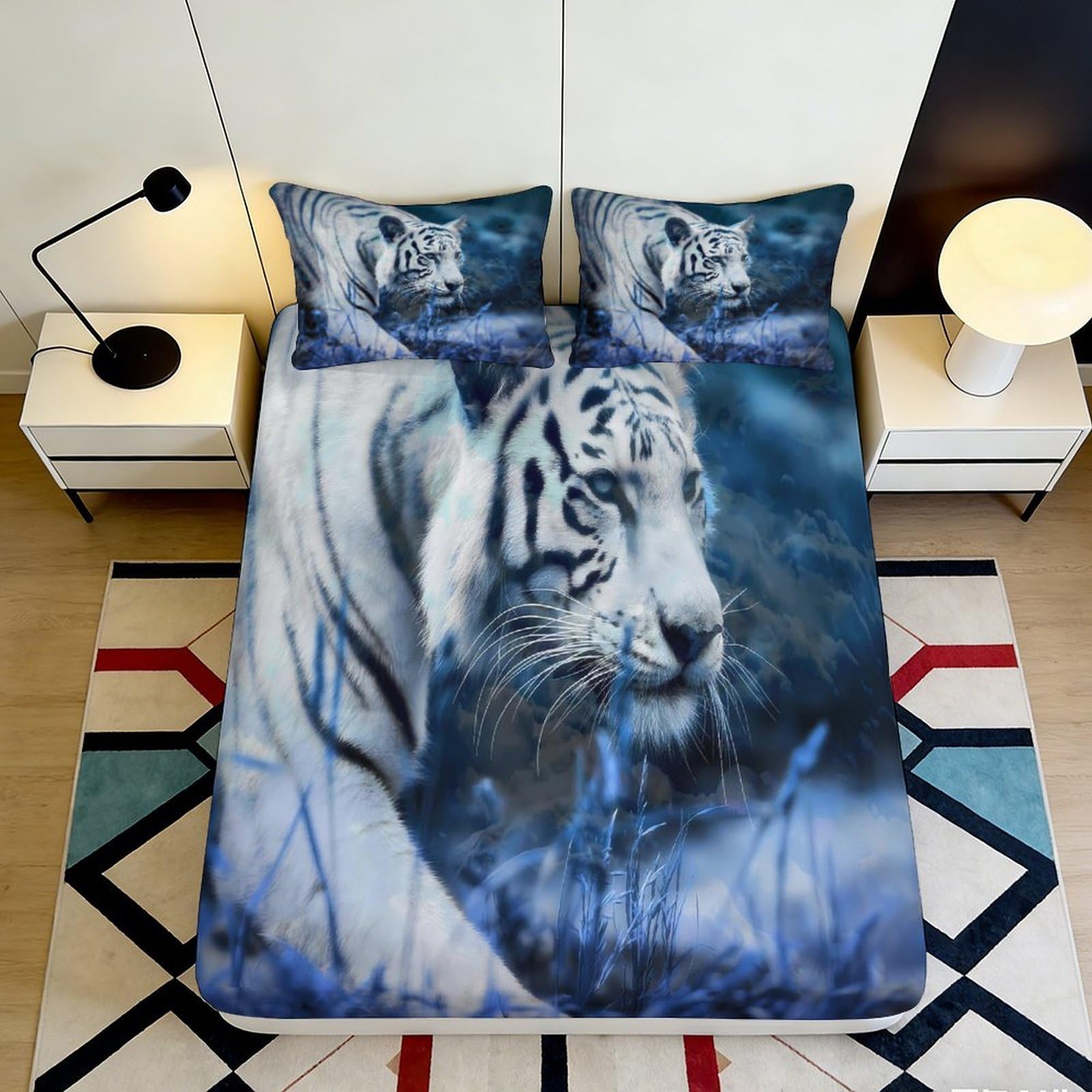 3D Printed White Tiger Fitted Sheet Microfiber Soft Blue Jungle Bed Cover Bedroom Decor Non-Slip Machine Washable 200x200x25cm