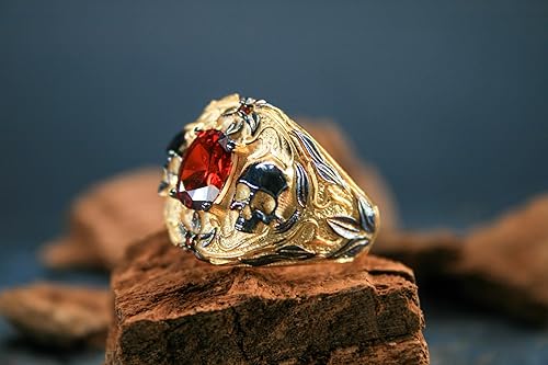 Gilded Skull Ring with Red Zircon Stone - Unique 925 Silver Craftsmanship