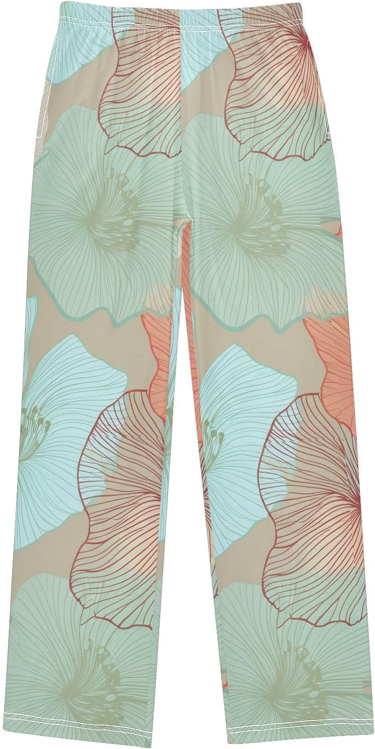 J JOYSAY Floral Hibiscus Blossom Beige Pajamas Pants Soft Long Pajama Bottoms Lounge Sleep Pants Size S-XL