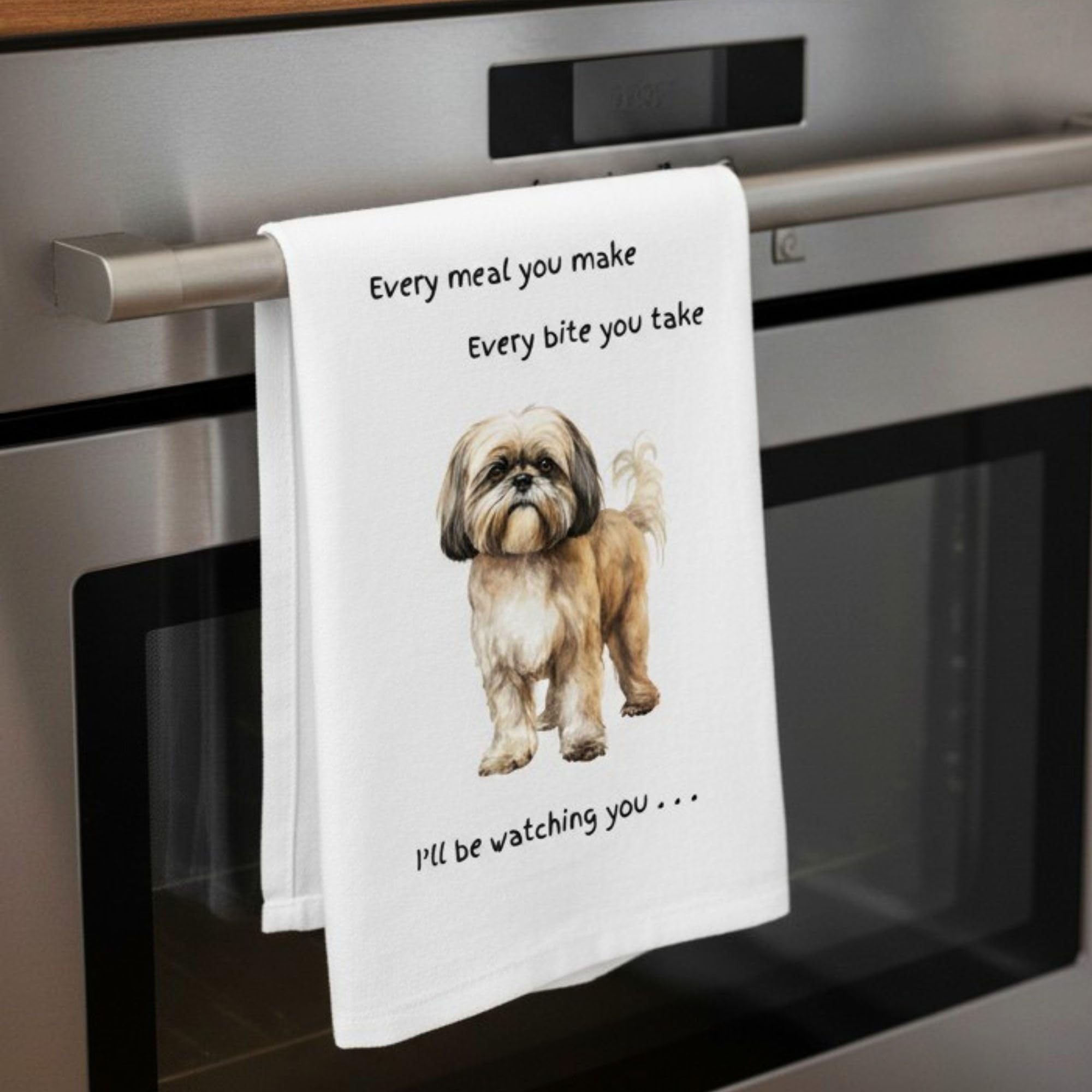 Animal Crackers Dog lover novelty Tea Towel, with Dog Breed image and 'Watching you' funny wording, quality cotton, 66cm, machine washable (White, Shih Tzu)