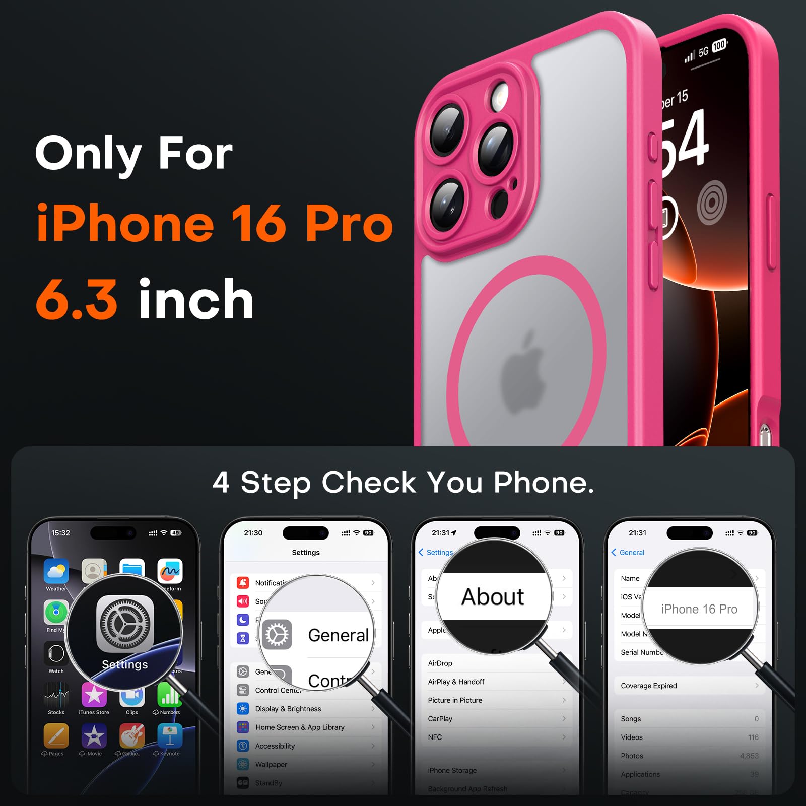 TOCOL 3 in 1 Cover Magnetica per iPhone 16 Pro 6,3 Pollic, con 2 Vetro Temperato, Compatibile con MagSafe [Protezione Fotocamera Integrata] Custodia Antiurto Traslucida Opaca, Rosa Caldo