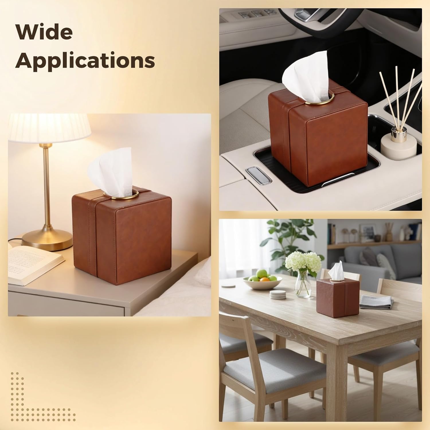 5.5 in Square Tissue Box Cover, Pu Leather Decorative Tissue Holder with Gold Grommets, Strong Attachment Base and Weighted Base, for Car, Office, Home