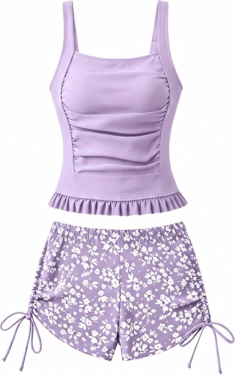 Girls Swimsuit 2 Piece Ruched Ruffle Tankini Swimsuits for Girls Bathing Suit with Drawstring Shorts Swimwear 7-16Y