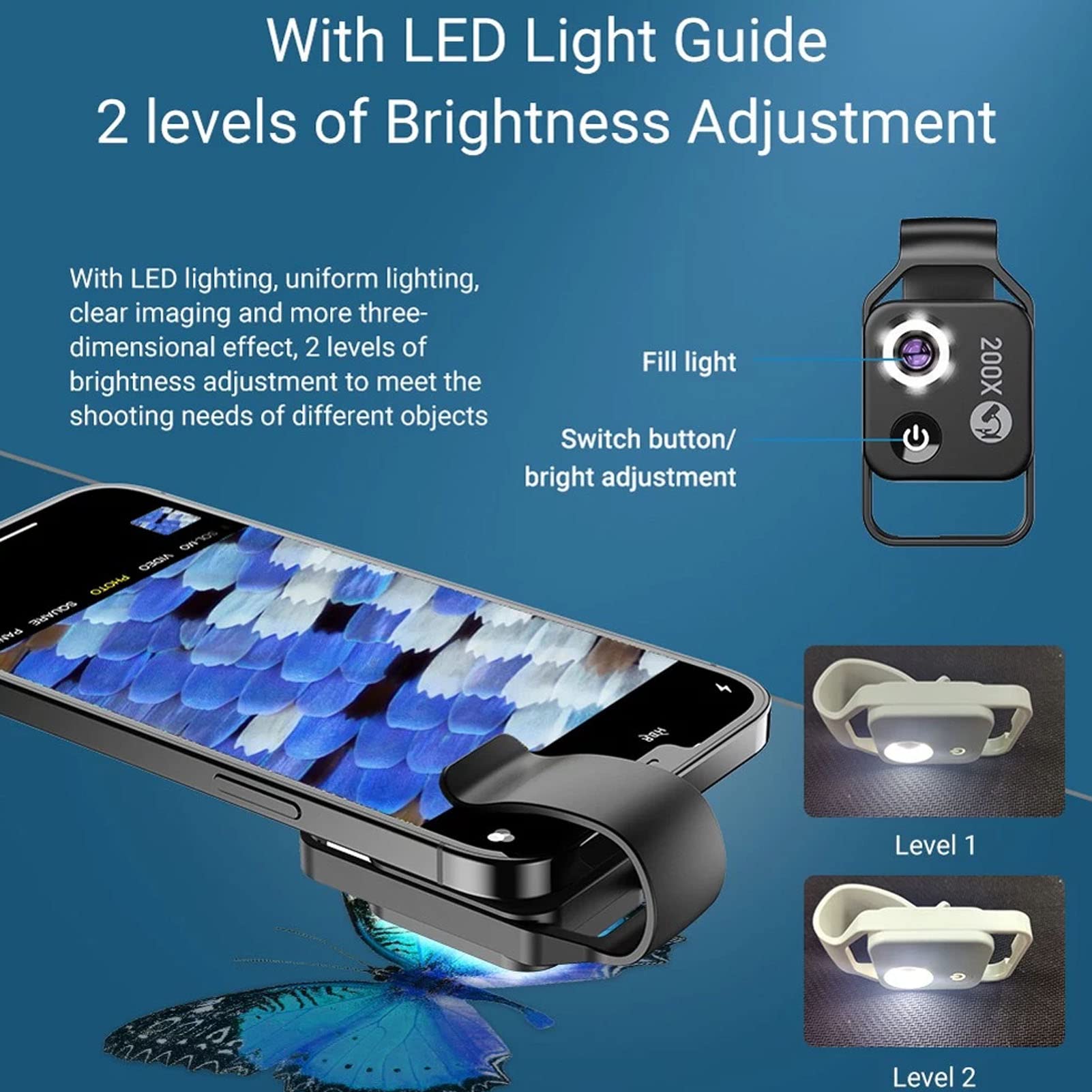 Lente per Microscopio per Telefono 200X con Luce LED per Lente CPL (BLACK) | Temperatura Colore 6000-6500k, Nessuna APP Richiesta, Clip Universale, Portatile, per Piante Minerali