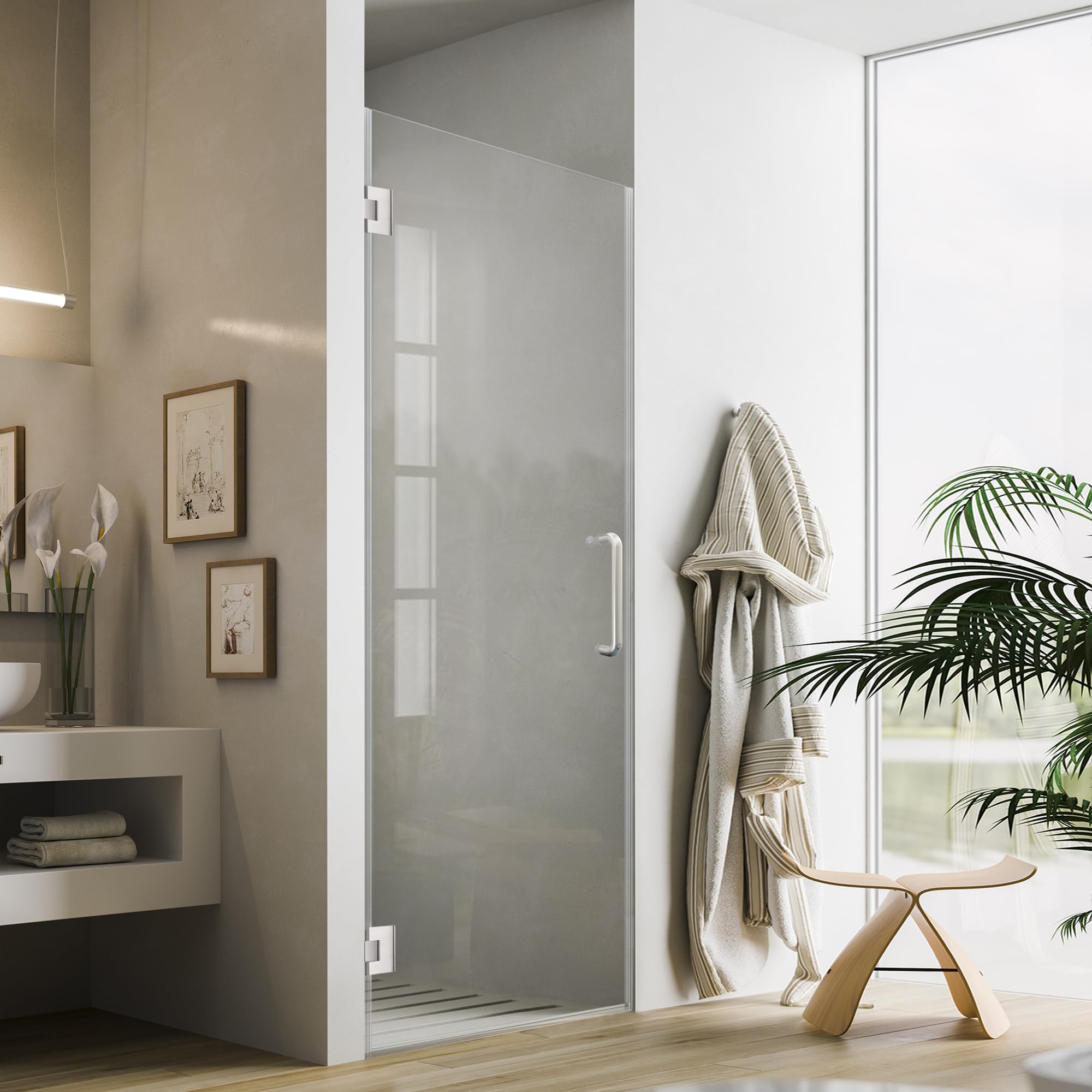 Bathroom Frameless Shower Door 32" W*72" H, 5/16"(8mm) Clear Tempered Glass Hinged Shower Door with Seal Strip and Handle, Brushed Silver Clamps