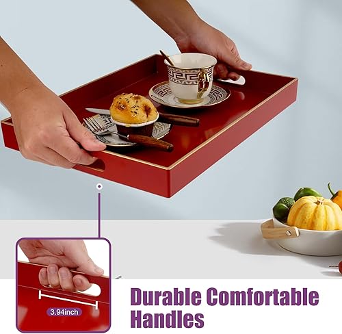 Miniatura 3 de Gifturbo Bandeja rectangular roja con asas, bandeja decorativa moderna para mesa de café, otomana y decoración de baño, 15.7 x 11.8 x 1.57 pulgadas