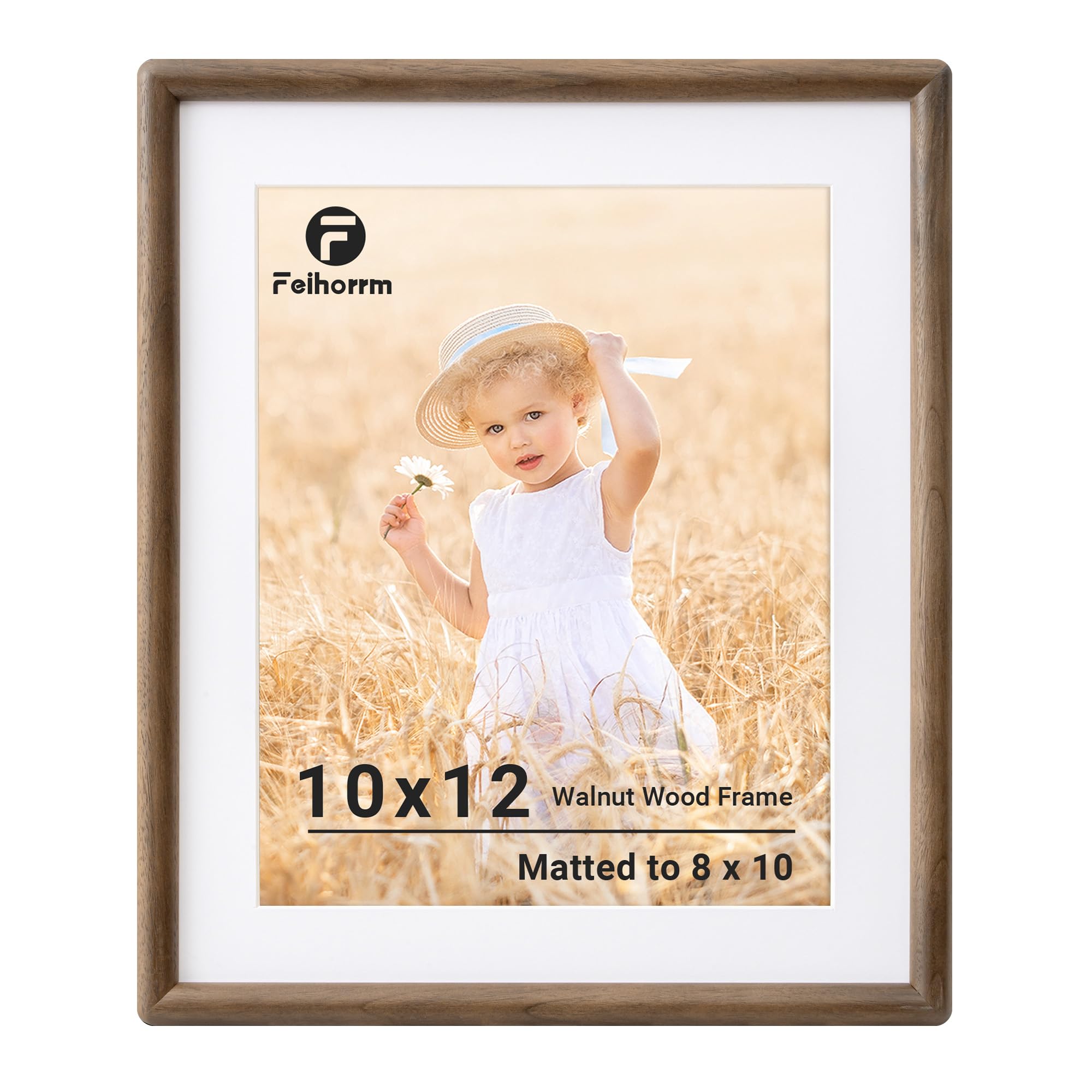Feihorrm 12x10 Photo Frame, Walnut Solid Wood Picture Frame, 12 x 10 inch Picture Frame, 10x12 Frame Matted to 8x10 Photos, Handcrafted Rounded Corners with HD Tempered Glass, Wall Mount Display