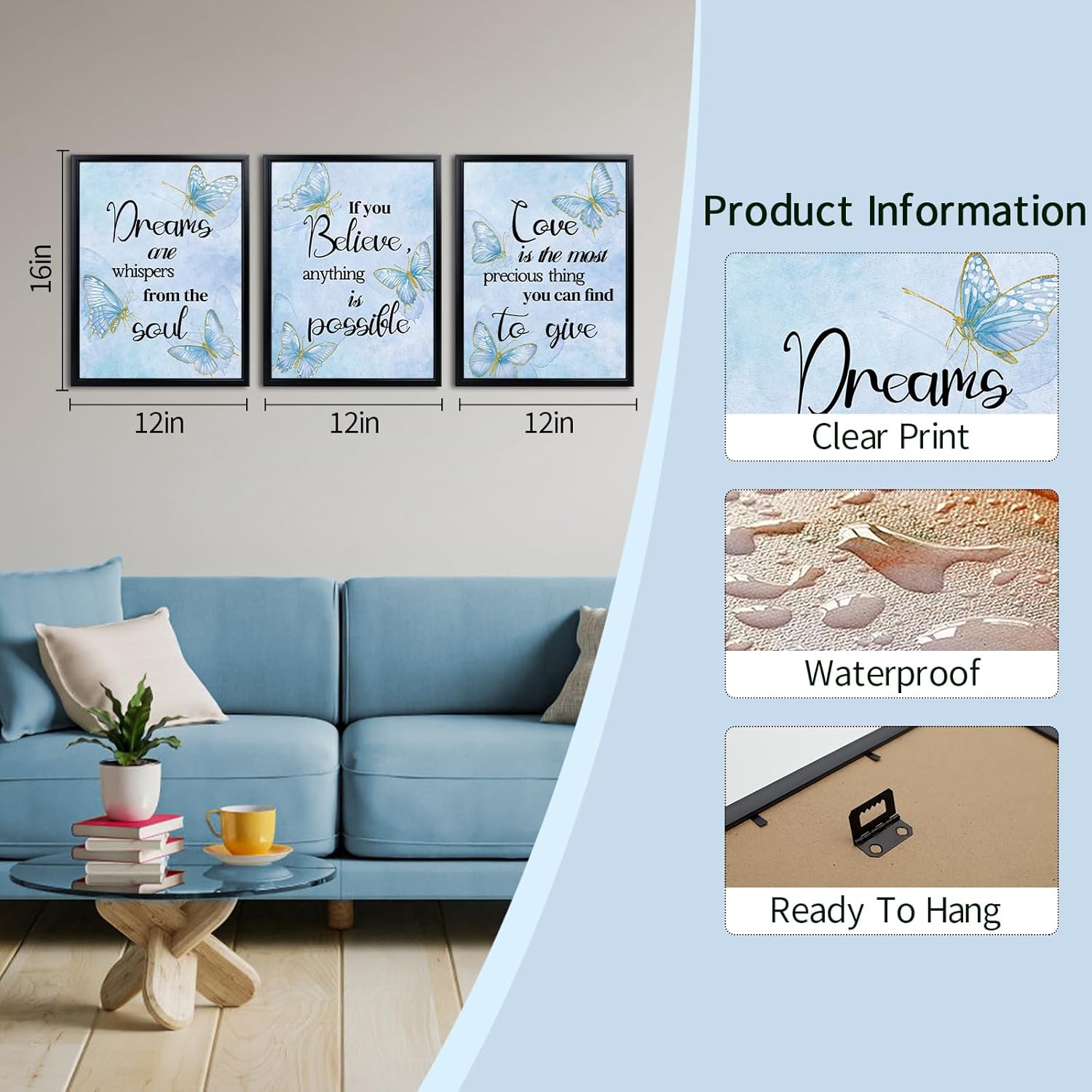 Blue Butterfly Canvas Wall Art With Black Framed Motivational Quote Wall Art Butterflies Pictures Painting Print Wall Decor for Living Room Bedroom Bathroom 12‘’x16''x3 Inch - Image 2