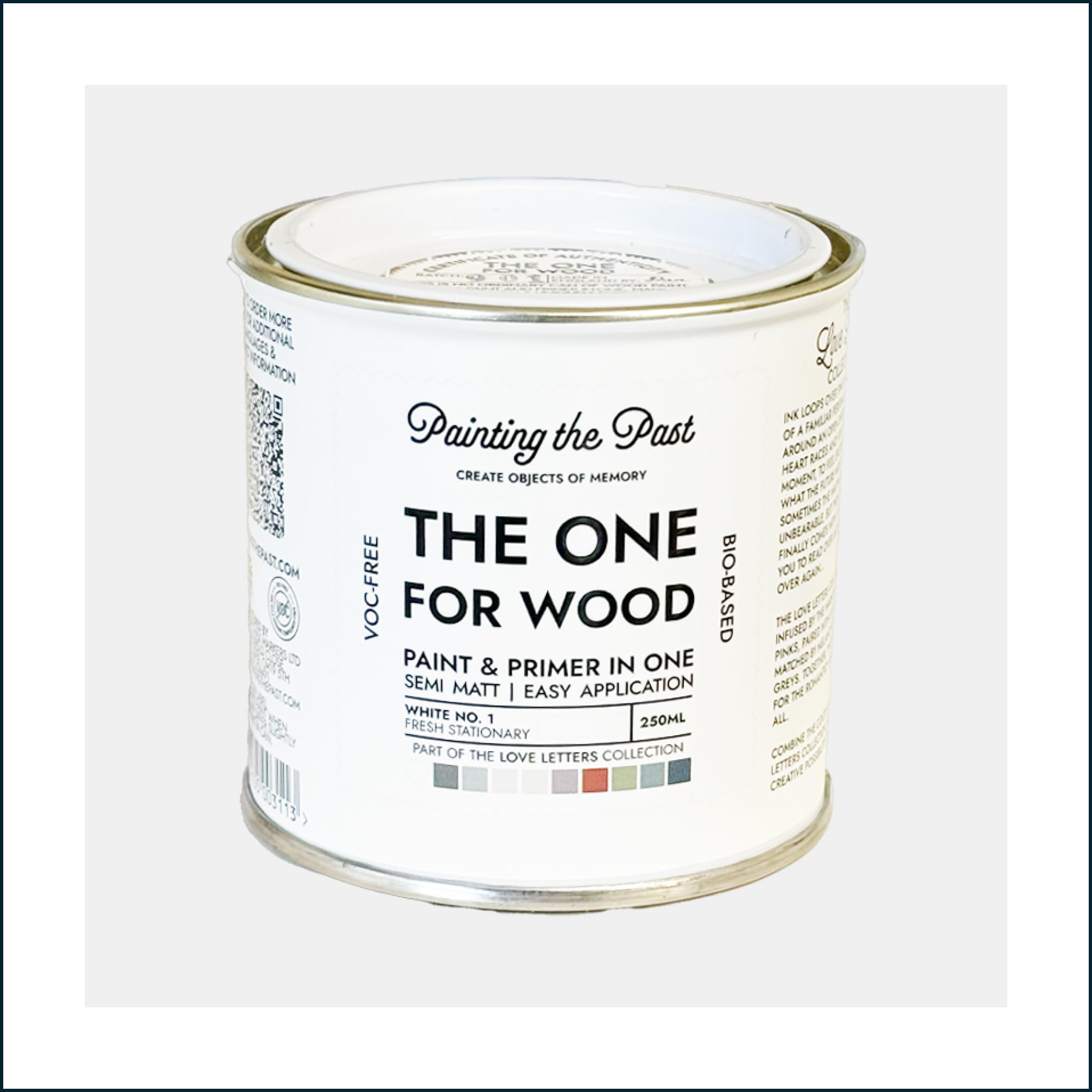 The One for Wood Paint & Primer 250ml White No. 1 Fresh Stationary | Semi Matt Finish, Bio-Based & VOC-Free Formula for Wooden Furniture & Surfaces | Durable & Easy Indoor Home Decorating