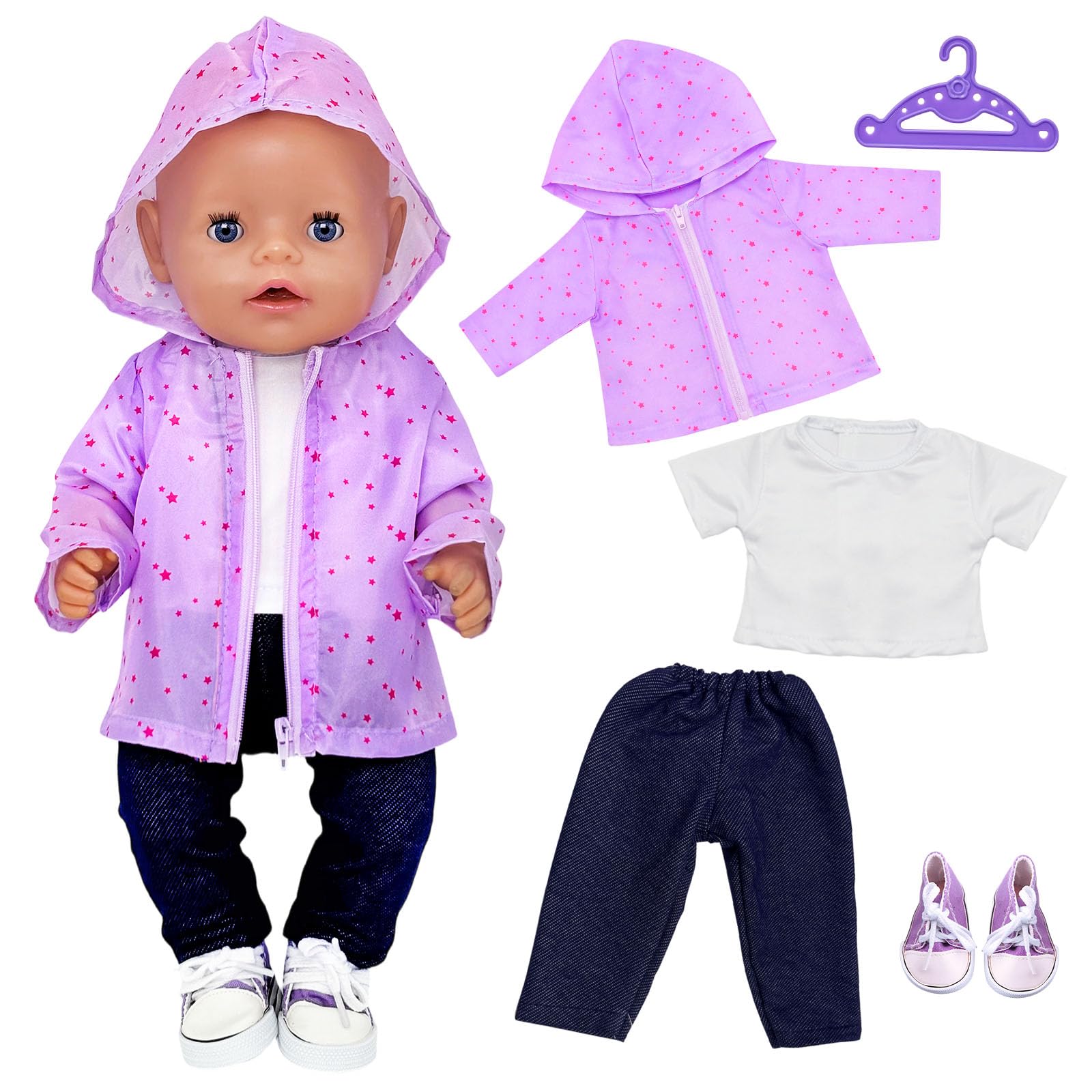 5 Pcs Doll Clothes Outfits for 14-18 Inch Baby Dolls, 35-45cm Purple Star Jacket T-Shirt Pants Canvas Shoes Hanger, Sweet Doll Accessories Gift for Girls Boys (No Doll) — image 1