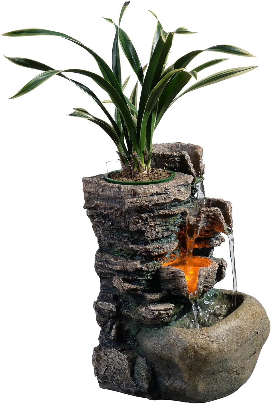 Indoor Fountain 4-Bowl Rockery Soothing Sound Tabletop Fountains Home/Office Decor with a Small Plastic Pot to Grow The Plant by Yourself(Automatic Watering)