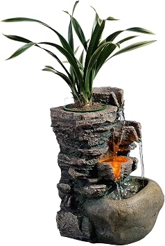 Haobos Indoor Fountain 4-Bowl Rockery Soothing Sound Tabletop Fountains Home/Office Decor with a Small Plastic Pot to Grow The Plant by YourselfAutomatic Watering