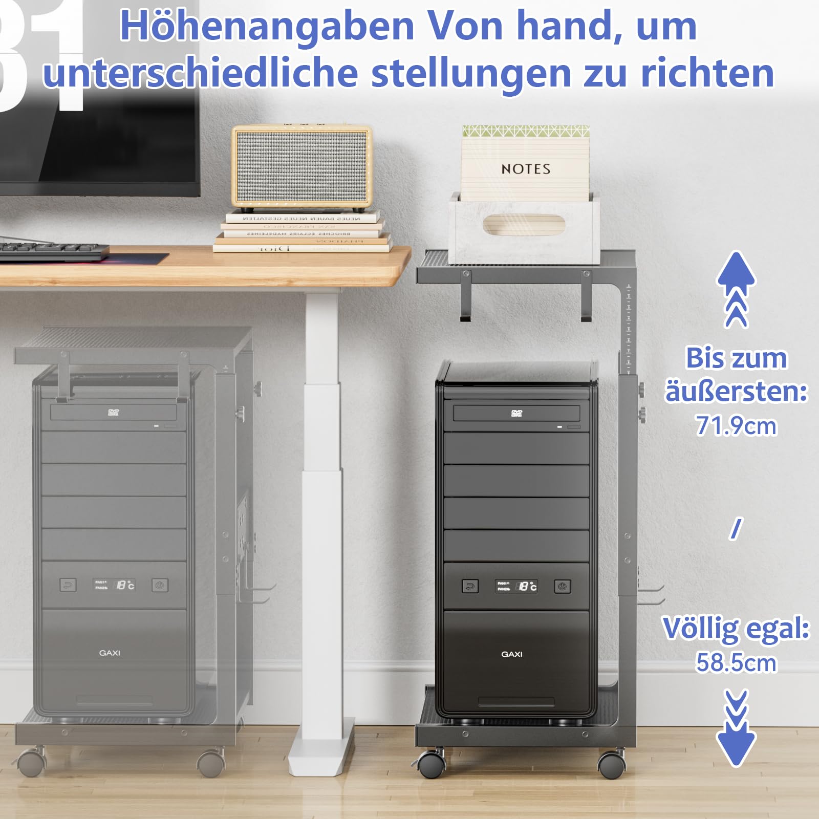 JANE EYRE Computer Tower Ständer - Höhenverstellbarer PC Tower Ständer Gehäuse Halterung CPU Halter Wagen mit Rollen und 4 Haken für Home Office und Klassenzimmer, 58.5-71.9cm H, Schwarz