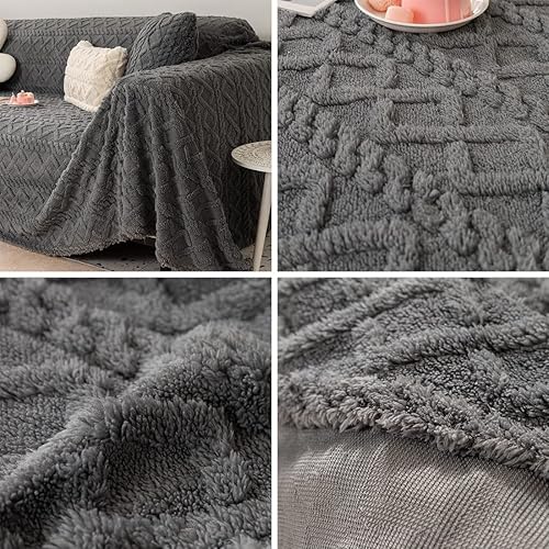 Miniatura 7 de vctops Funda de sofá de felpa geométrica jacquard, suave y cálida, manta lanuda para sala de estar, manta mullida para mascotas y niños (gris