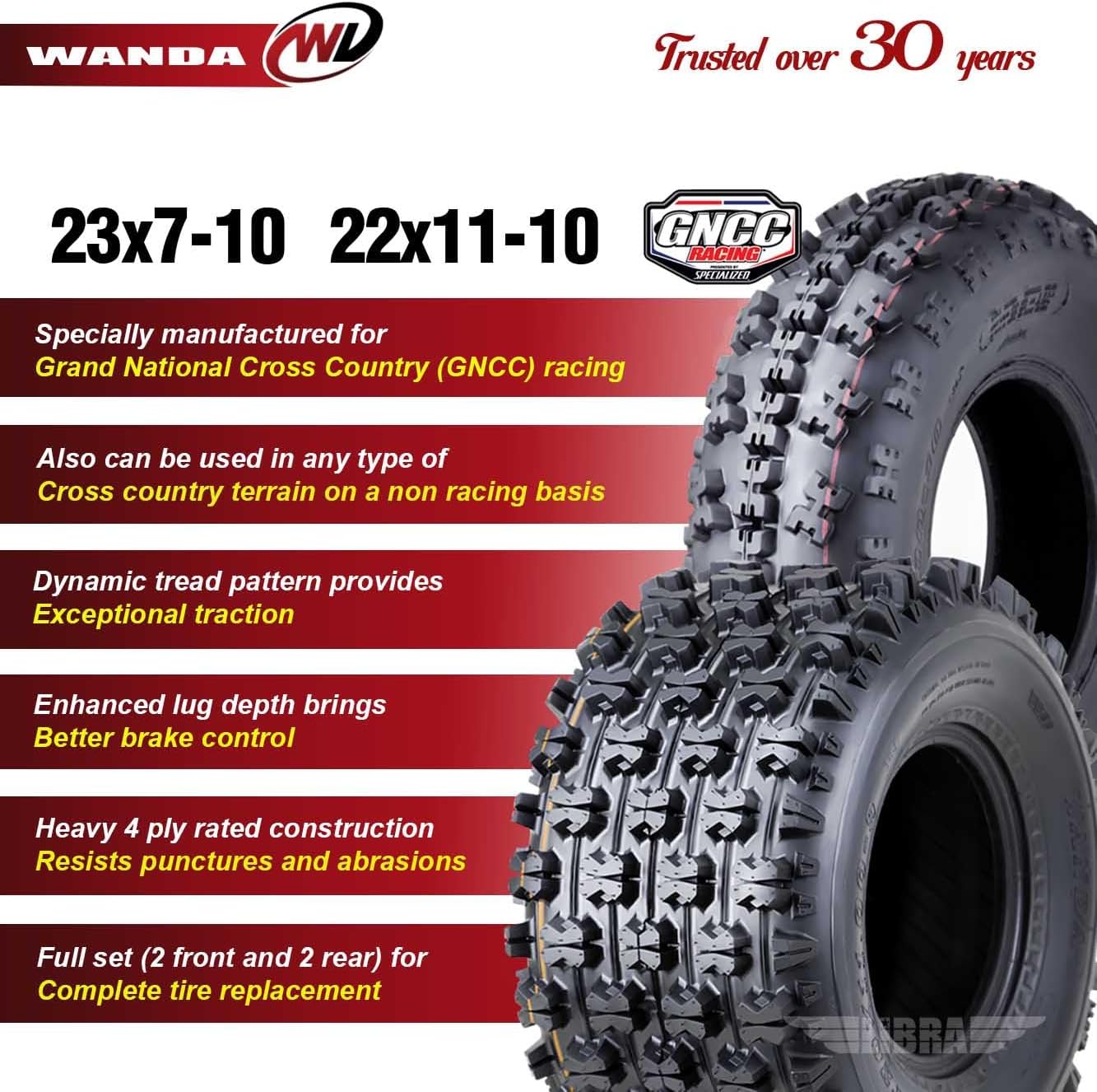 Set 4 WANDA Sport ATV Tires 23x7-10 23x7x10 Front & 22x11-10 22x11x10 Rear GNCC (Grand National Cross Country) Race Tires 10063/10268