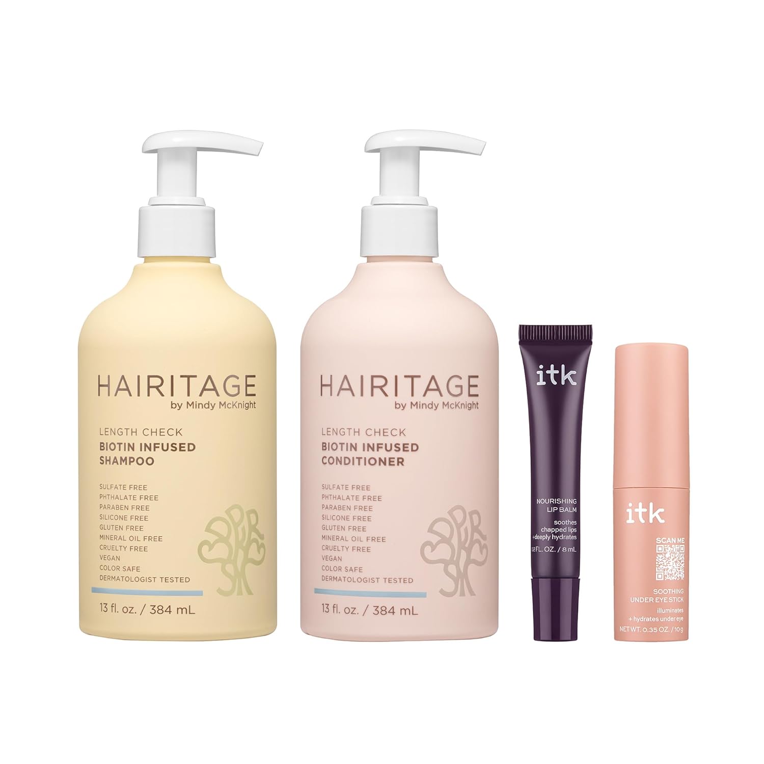 Hairitage x ITK Set_Hairitage Biotin Castor Oil Shampoo & Conditioner, ITK Depuff Eye Stick + Lip Balm - Shea Butter, Coconut Oil, Vitamin E Lip Balm (42oz., 0.5 oz., 0.2 oz)