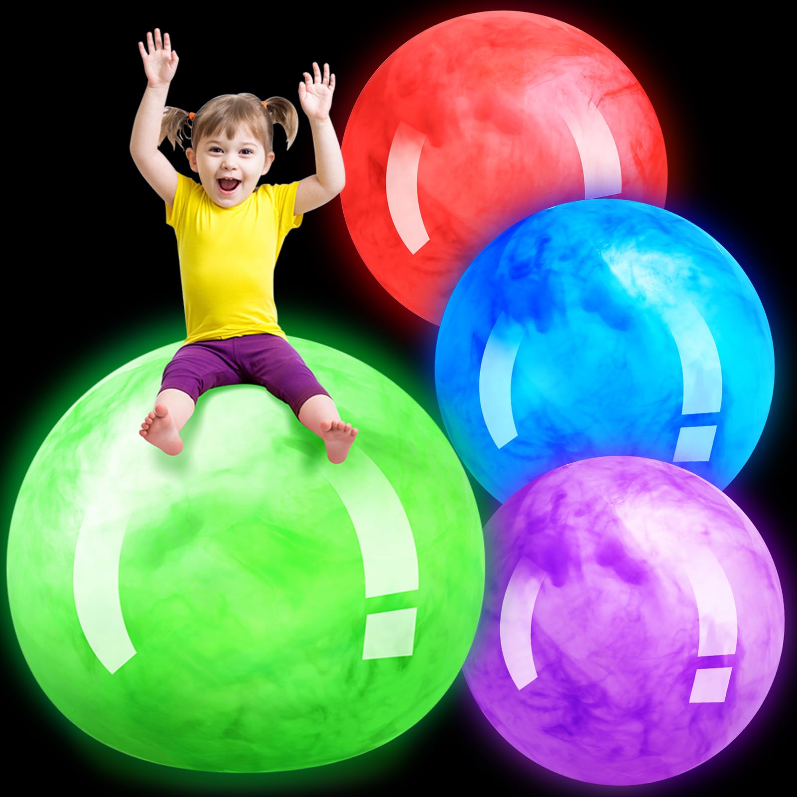 4 Pcs Light up LED Beach Ball 27 Inch Bouncy Ball Large Inflatable Marbleized Balls LED Giant Beach Balls Big Glow in The Dark Inflatable Kickball Beach Pool Party Toys for Game Outdoor Party