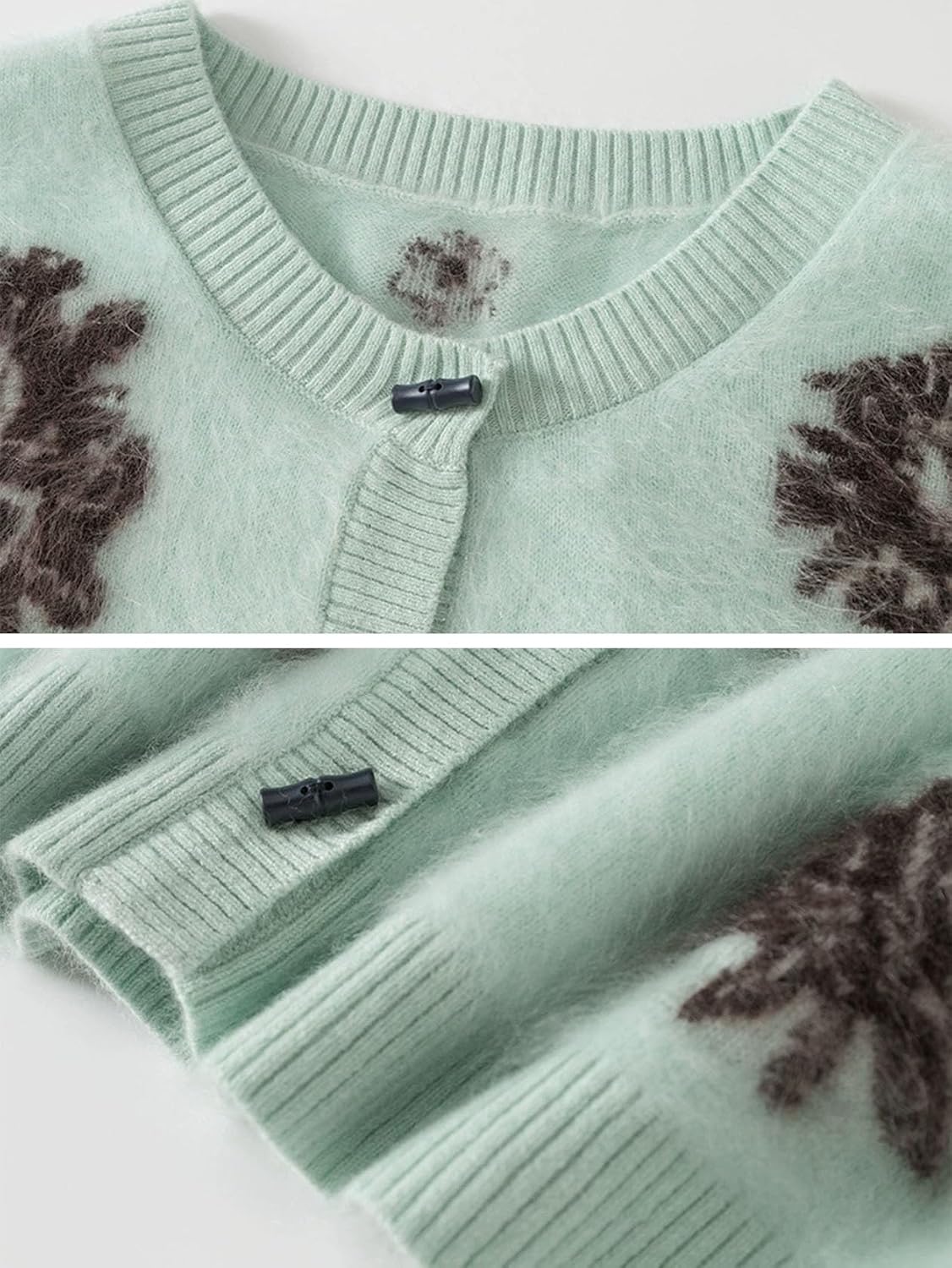 HangErFeng Women Cashmere Brushed Cardigan Floral Jacquard Round Neck Loose Green Soft Knitwear 1994 image 3