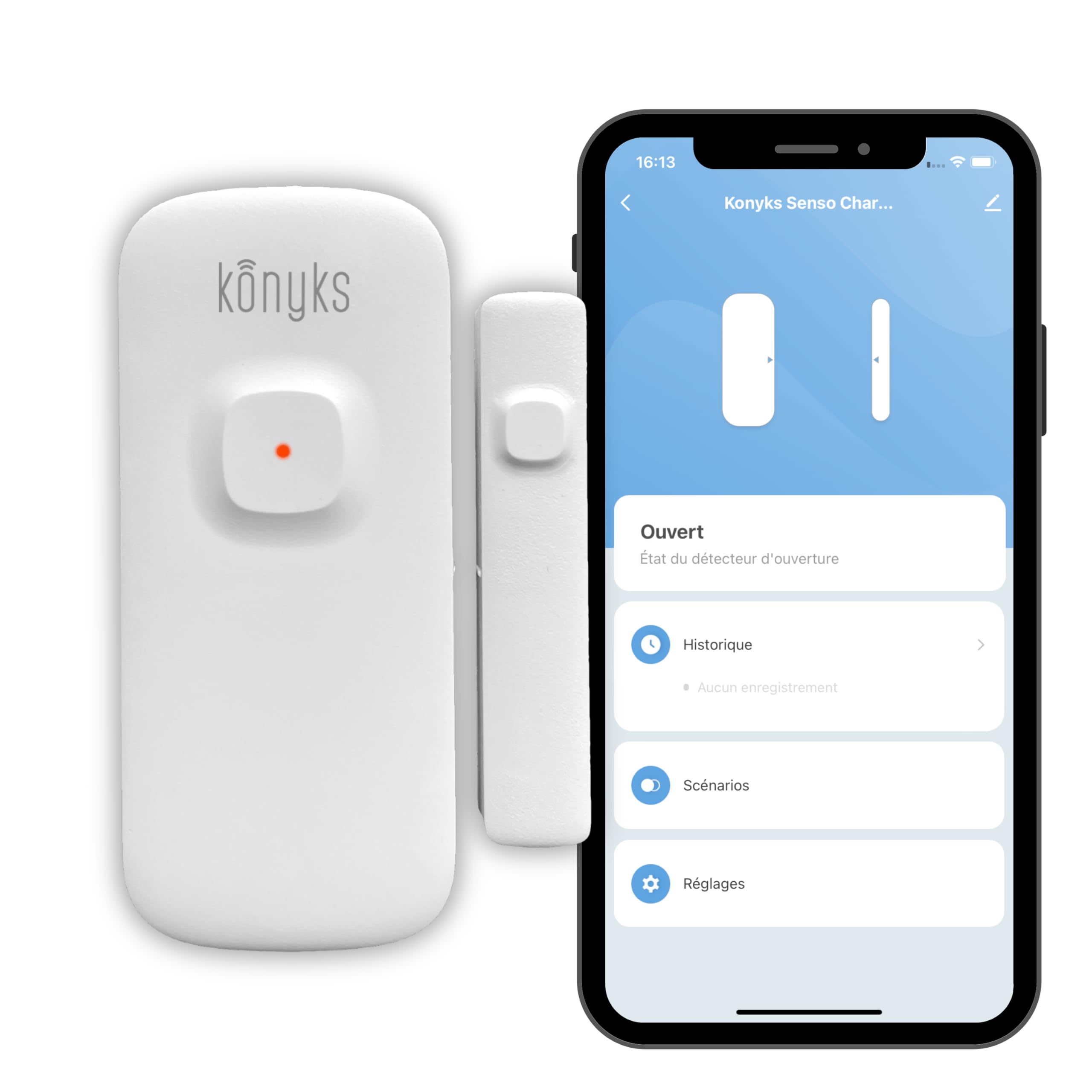 Détecteur de fumée connecté Wi-FI, Konyks Firesafe 2, Notifications en Temps réel sur Smartphone & Senso Charge 2, Lot de 2 Détecteurs d'ouverture Wi-FI avec Batterie Rechargeable