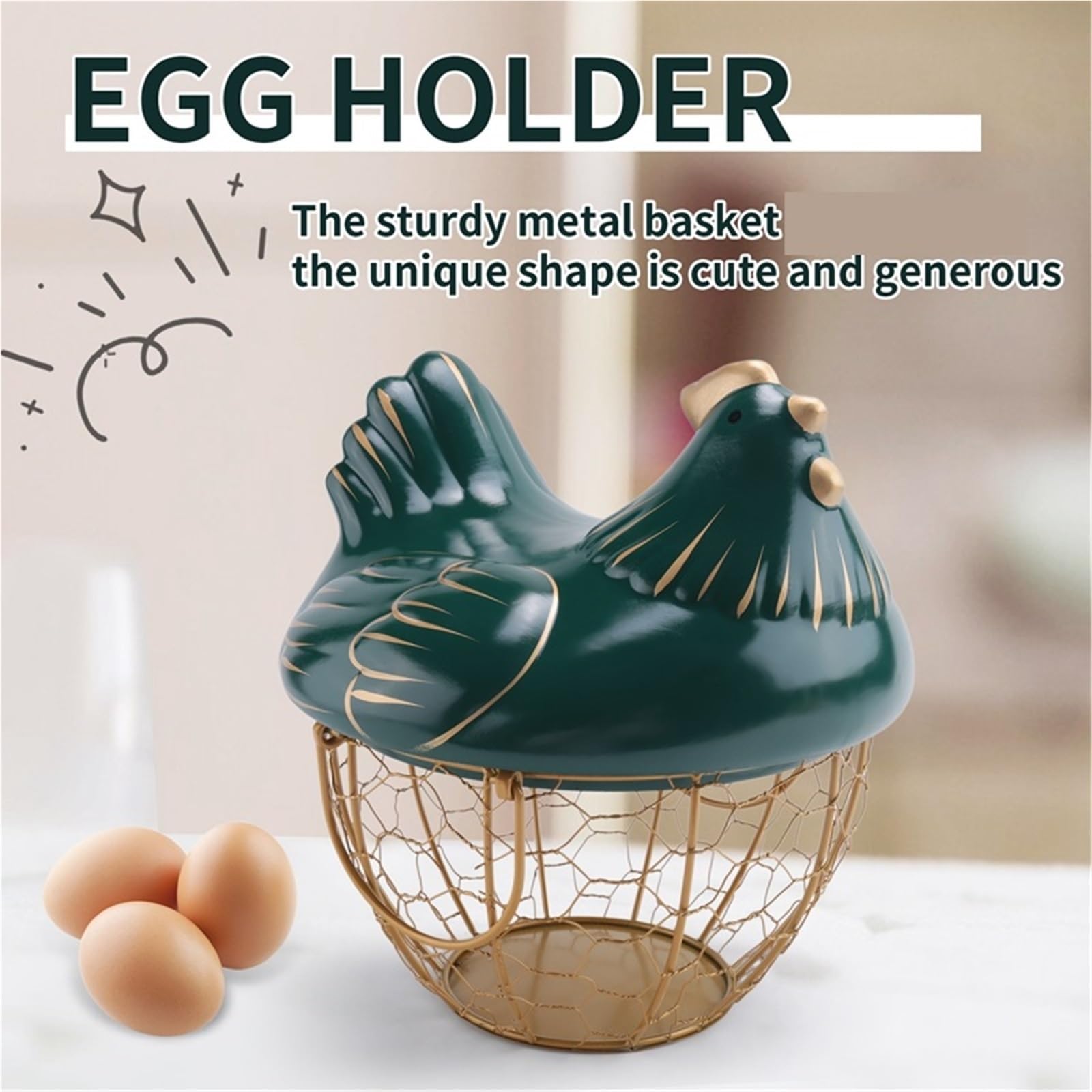 Cesta for guardar huevos, cesta de alambre de metal for frutas con tapa en forma de pollo, huevera con capacidad for 30 huevos.
