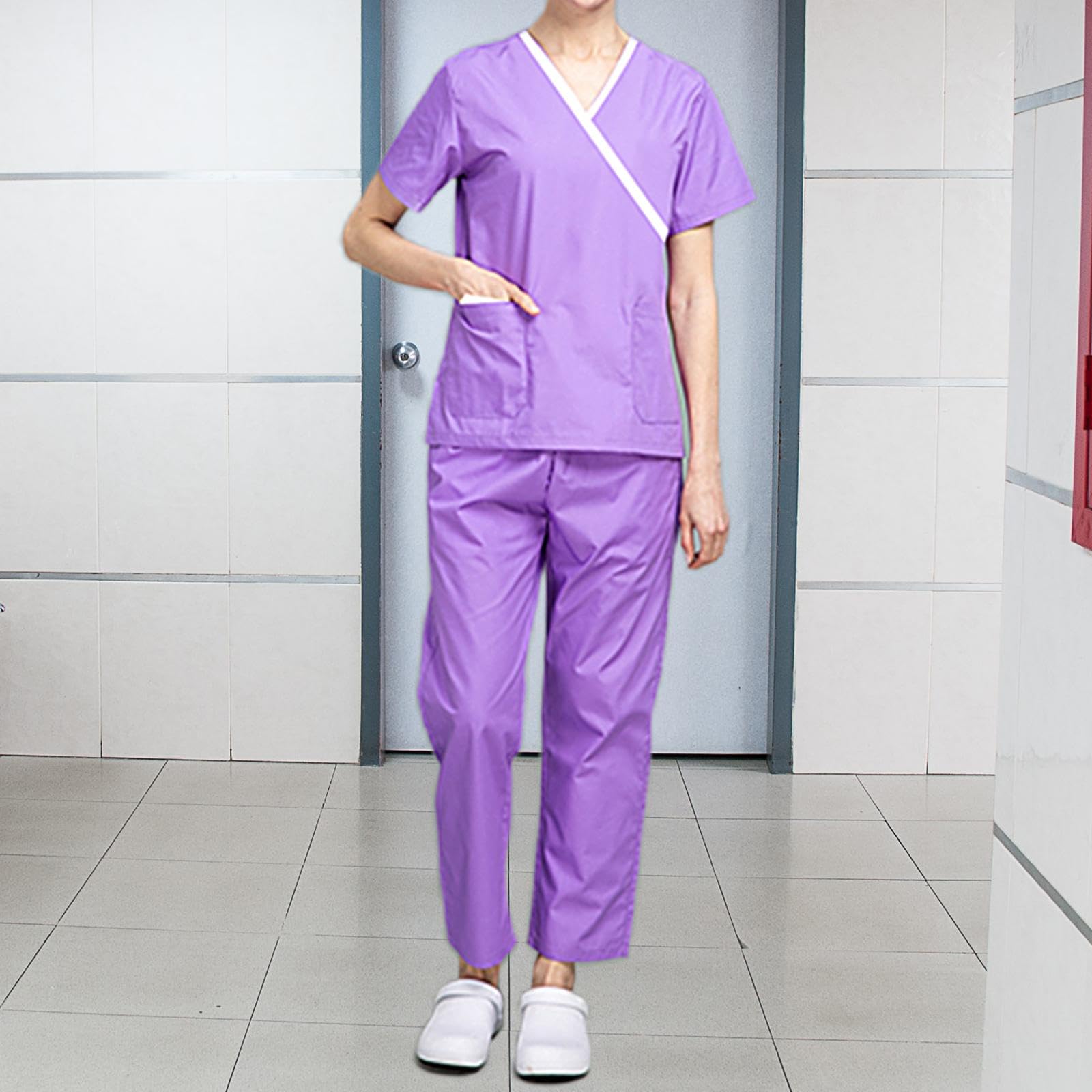 Damen Kasack Set, Bestehend Aus Oberteil Und Hose, Arbeitskleidung für Den Sommer, Kurzarm, Pflegeuniform für Damen, Geeignet für Spa, Tierhandlung, H, Lila, XL