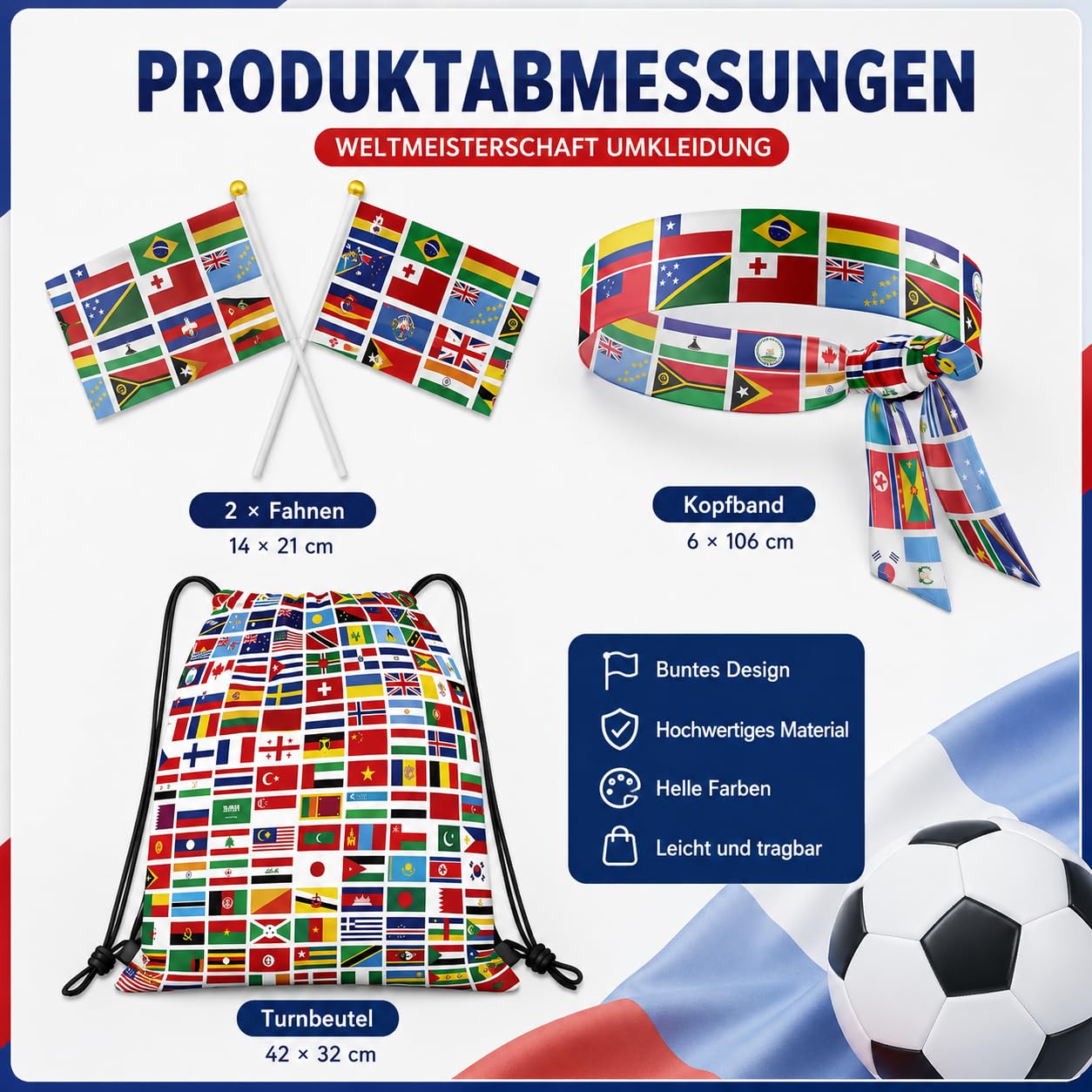 Fanartikel & Wm Fanartikel 2026 Set: Turnbeutel, Stirnband, 2 Flaggen – Deko 2026 Zubehör Für Fußball-Fans.