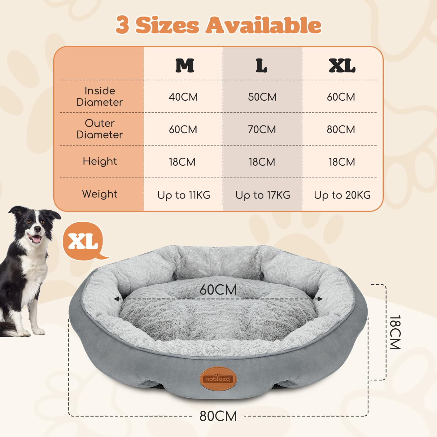 Nobleza Cama para Perros Pequeños, Cama Lavable para Mascotas, Sofá Redonda de Perros y Gatos Antideslizantes y Antiestres, Felpa Suave y Mullida, Bordes Elevados, Gris, Ø80 x 18 cm
