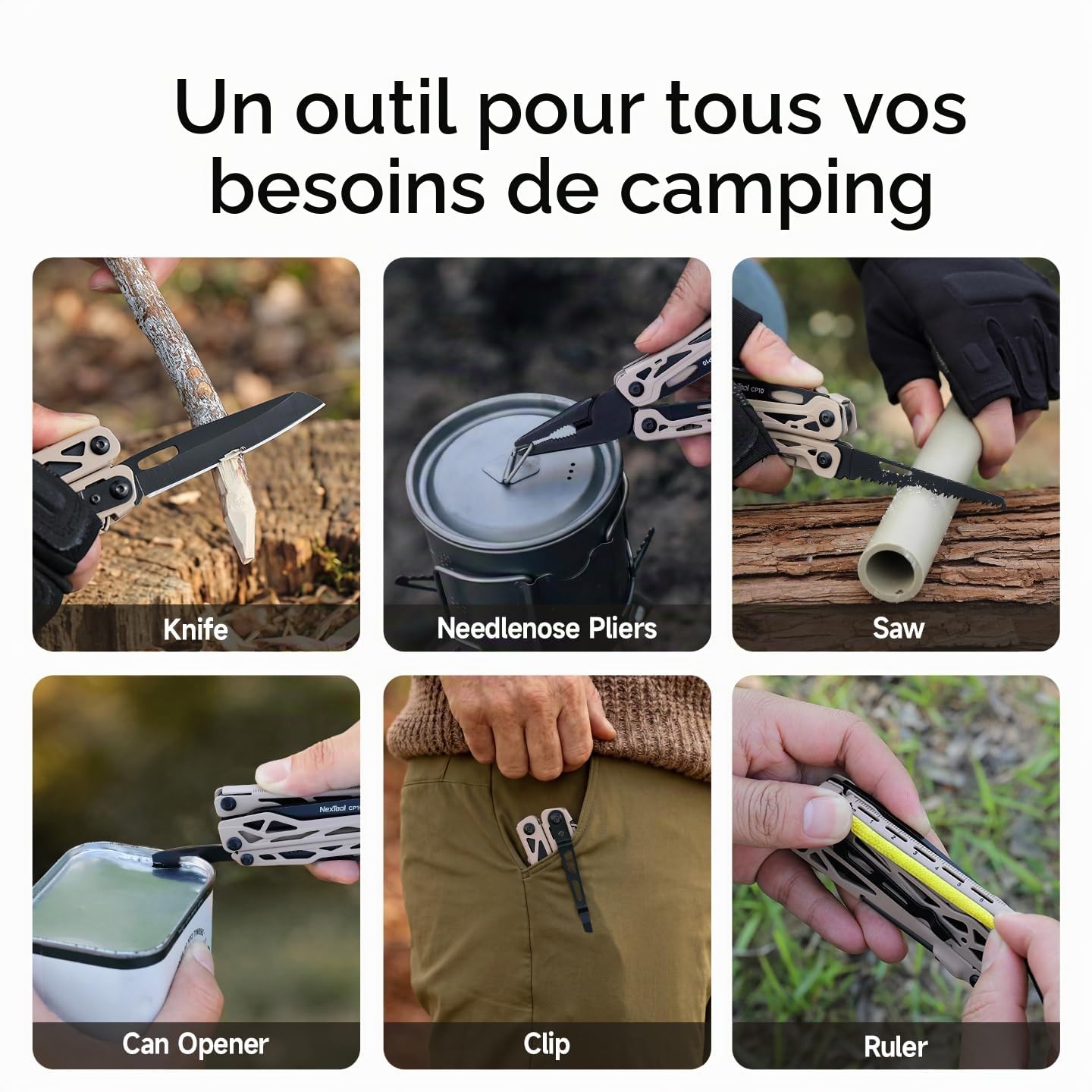NexTool Camper CP10 Outil Multifonctions 12 en 1 avec Ciseaux, Allume-Feu, Extracteur de Piquets de Tente, Couteau à Cran d'Arrêt, Scie, EDC Équipement pour Activités en Plein Air, Cadeau pour Homme