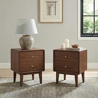 100% Solid Wood Nightstand Set of 2, Walnut Nightstand, Mid Century Night Stand, Wooden Nightstand, Small Nightstands with 2 Drawers, Oak Bedside Table for Bedroom(19.69" H)