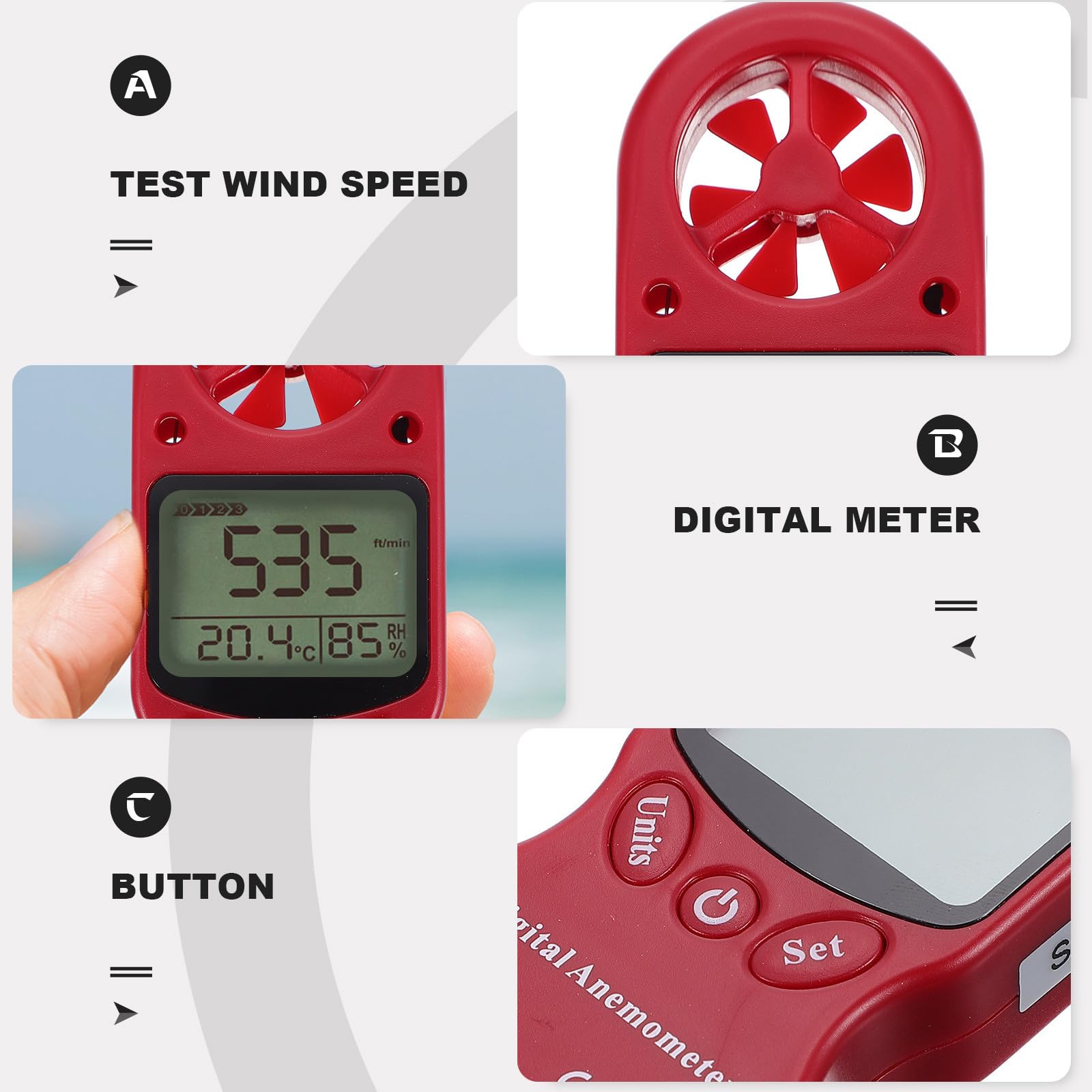GALPADA Medidor de Velocidad del Viento Mini Higrotermógrafo Portátil de Mano, Plástico Rojo, Medición de Temperatura y Humedad, Pantalla Lcd con Retroiluminación, para Ordenador Central