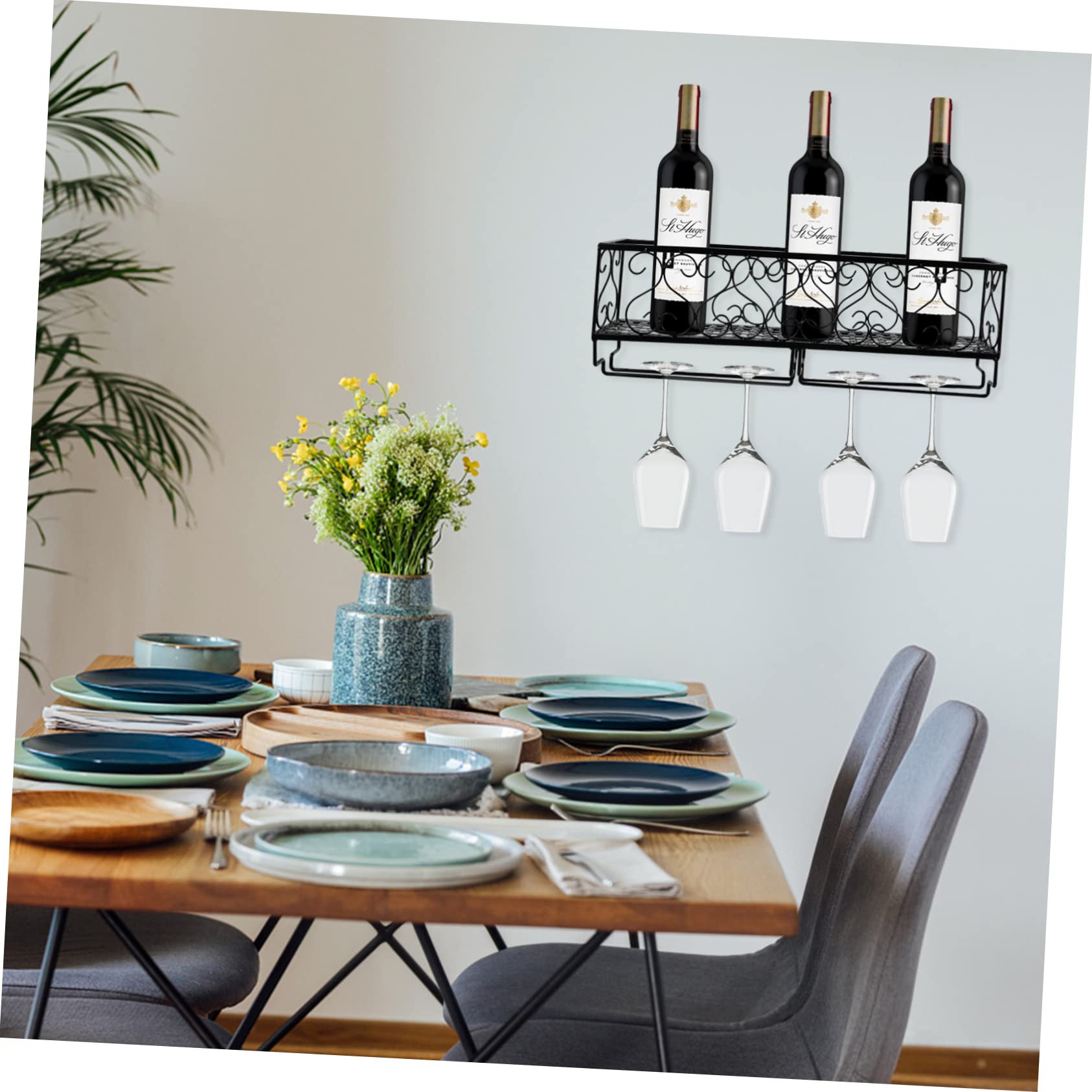 Cabilock 1pc Wall Mounted Wine Organizer Rack Iron Hanging Storage for Bottles Glasses Easy to Clean Multifunctional Wine Holder Stylish Decor Black Design