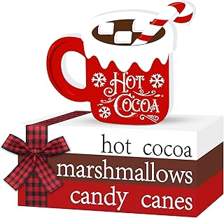 Christmas Wooden Decor, Faux Books Stacked with Plaid Ribbon + Hot Cocoa Sign for Christmas Tiered Tray Decor Xmas Decorative Books for Christmas Decorations Indoor Home Table Mantle Farmhouse Decor