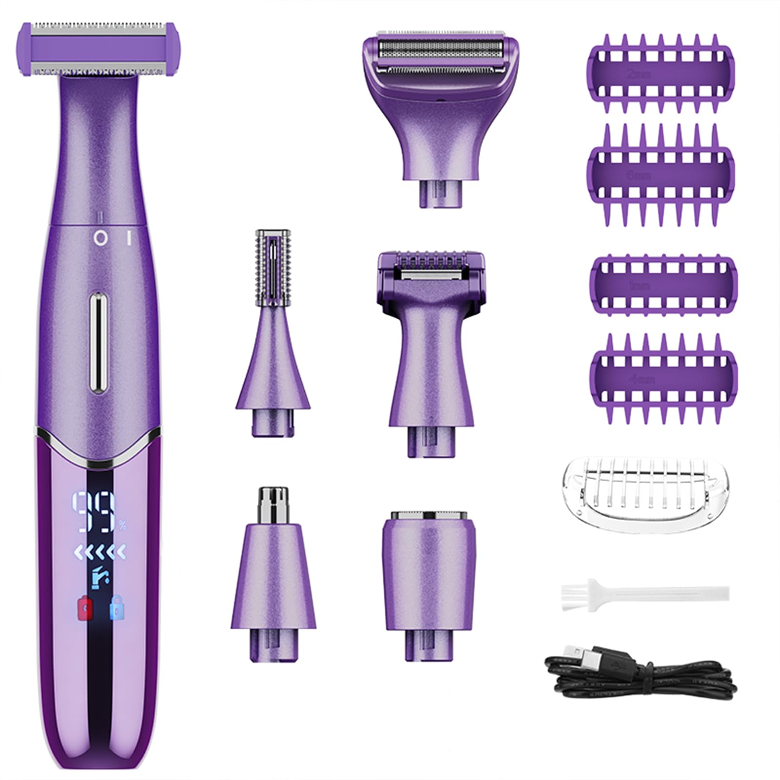Afeitadora Mujer, 6 en 1 Kit Afeitadora Eléctrica para Cara, Cuerpo, Cejas y Zonas Íntimas, Indoloro Depiladora Mujer Uso en Seco y Húmedo, IPX5 Impermeable, USB Recargable, Morado