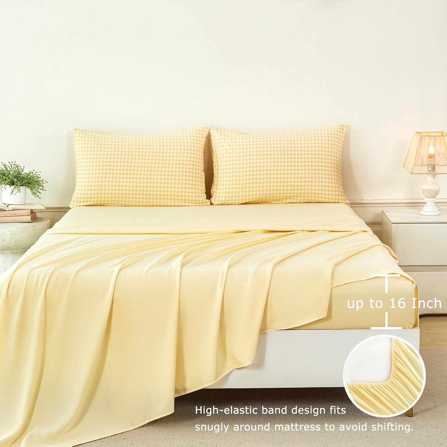 RYNGHIPY Full Size Checkered Comforter Set Classic Yellow White Gingham Grid Bedding Sets 5 Pcs Pre-Washed Microfiber Bed Sets with Sheets Shabby Cottage Bed in a Bag (Yellow Gingham, Full)