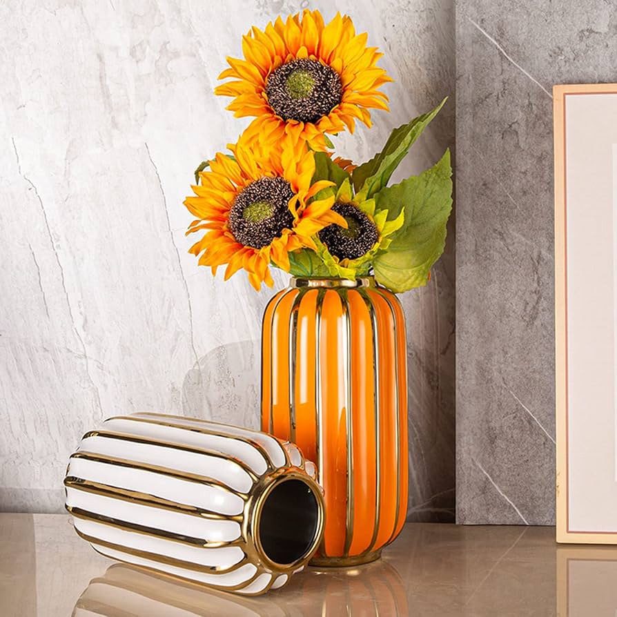 花柄陶器花瓶 イエローオレンジ 幸運金粉入 ずっしり 幸運の黄色い蘭