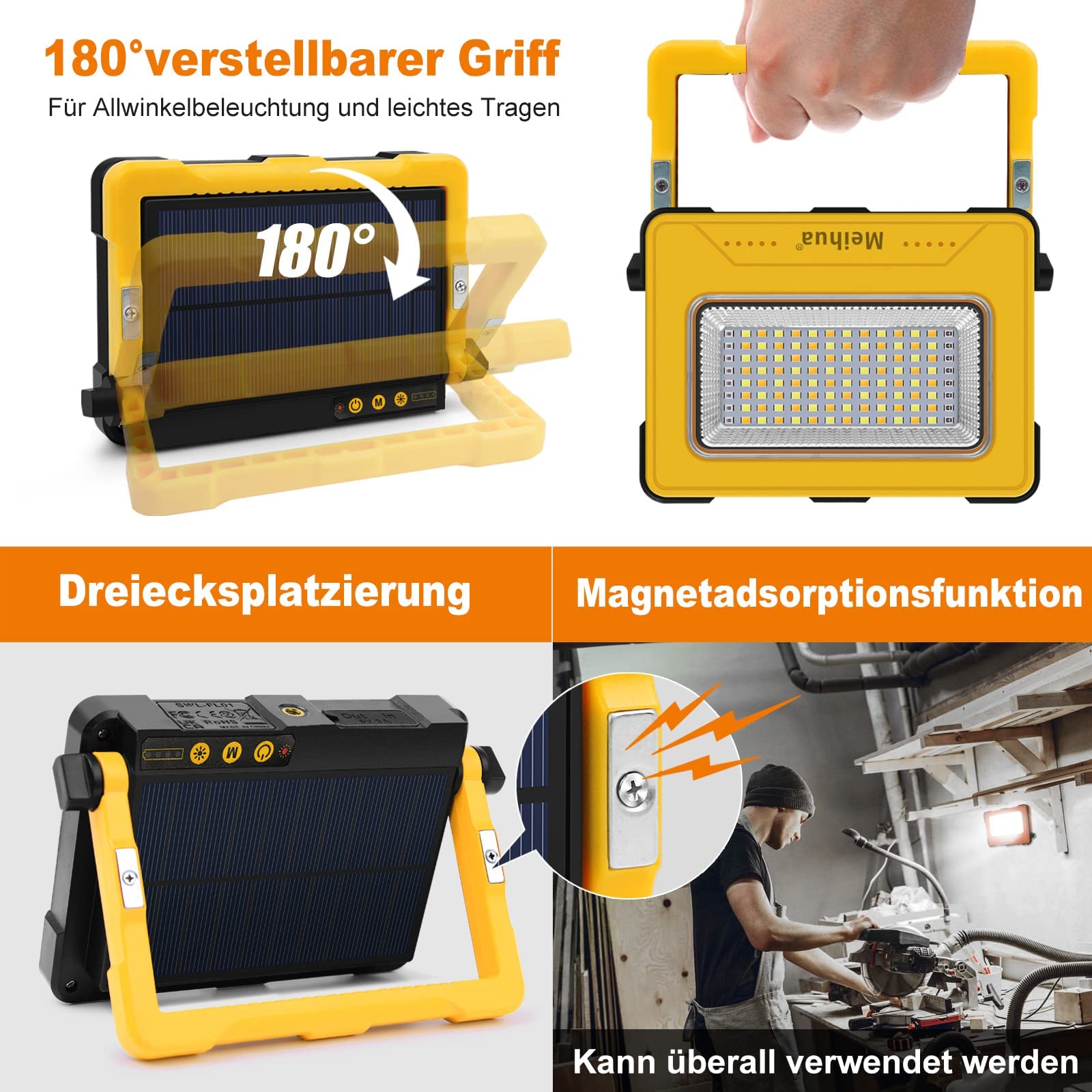 MEIHUA Faro LED Ricaricabile 60W 12000 mAh, Faretto LED Portatile, 4 Modalità, 5 Luminosità, Power Bank, Ricarica USB o Solare, Luce da Lavoro per Cantieri, Campeggio, Emergenza, Pesca
