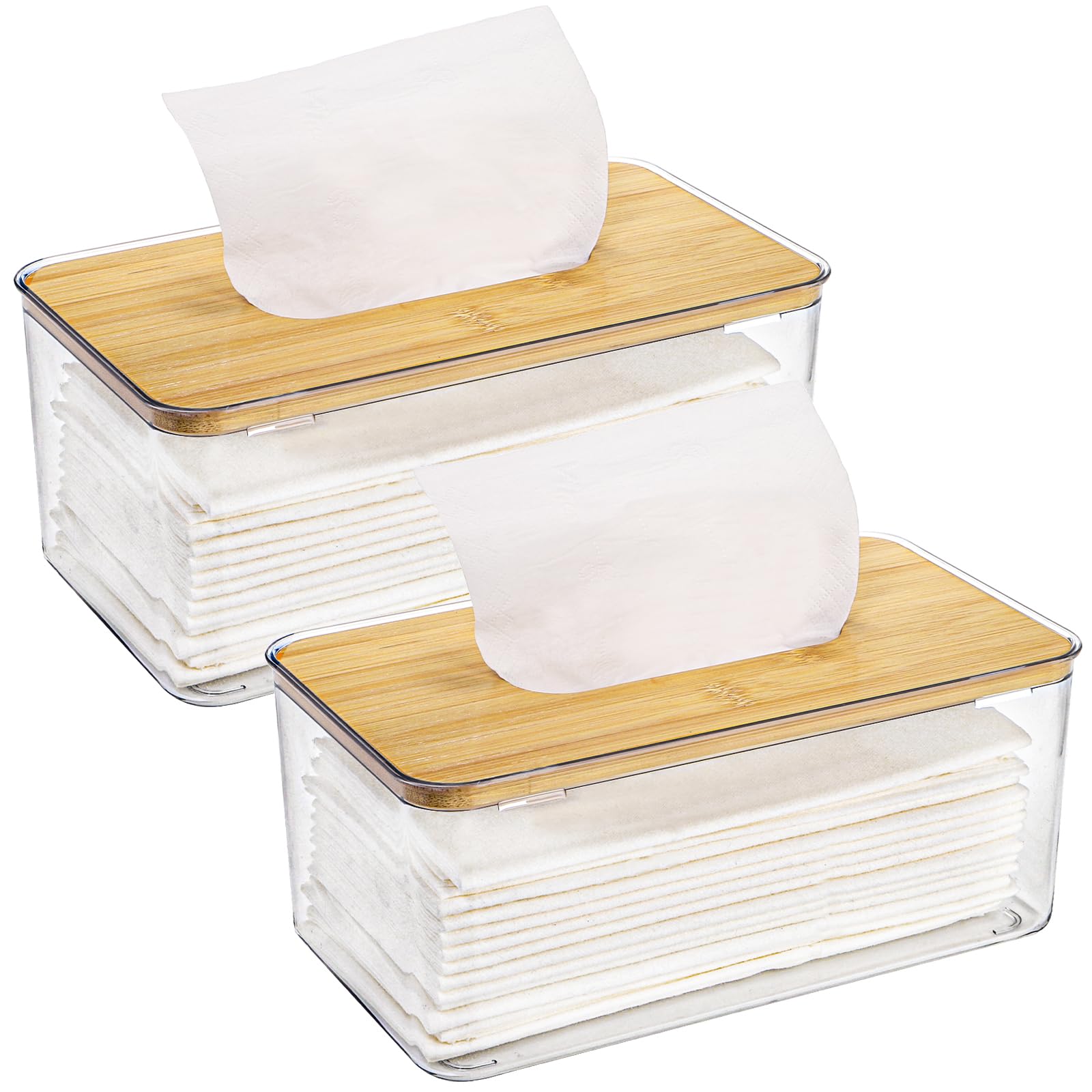 Jucoan 2 Pack Clear Acrylic Tissue Box Cover, Rectangle Paper Facial Tissue Box Holder, Dryer Sheet Dispenser for Laundry Room, Bathroom, Kitchen, Home