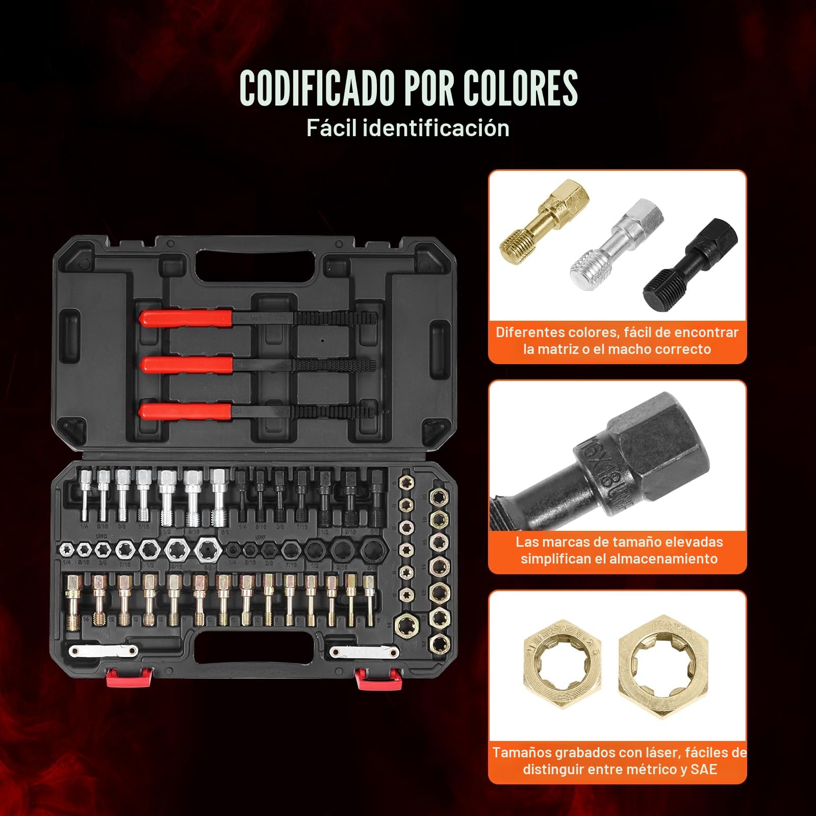 VEVOR Kit de Reparación de Roscas Métricas UNC y UNF 61 Piezas Restaurador de Roscas Métricas con 28 Machos de Roscar, 28 Terrajas, 3 Limas de Rosca Acero Tratado Térmicamente para Mecánicos