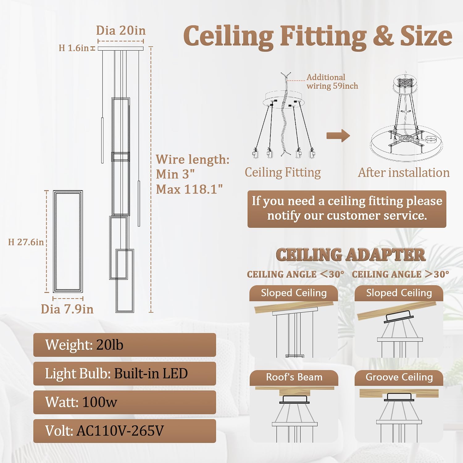 Flashing God Modern Chandelier,LED Dimmable Contemporary Chandelier for Staircase, Rectangle High Ceiling Pendant Light,H118 Chrome