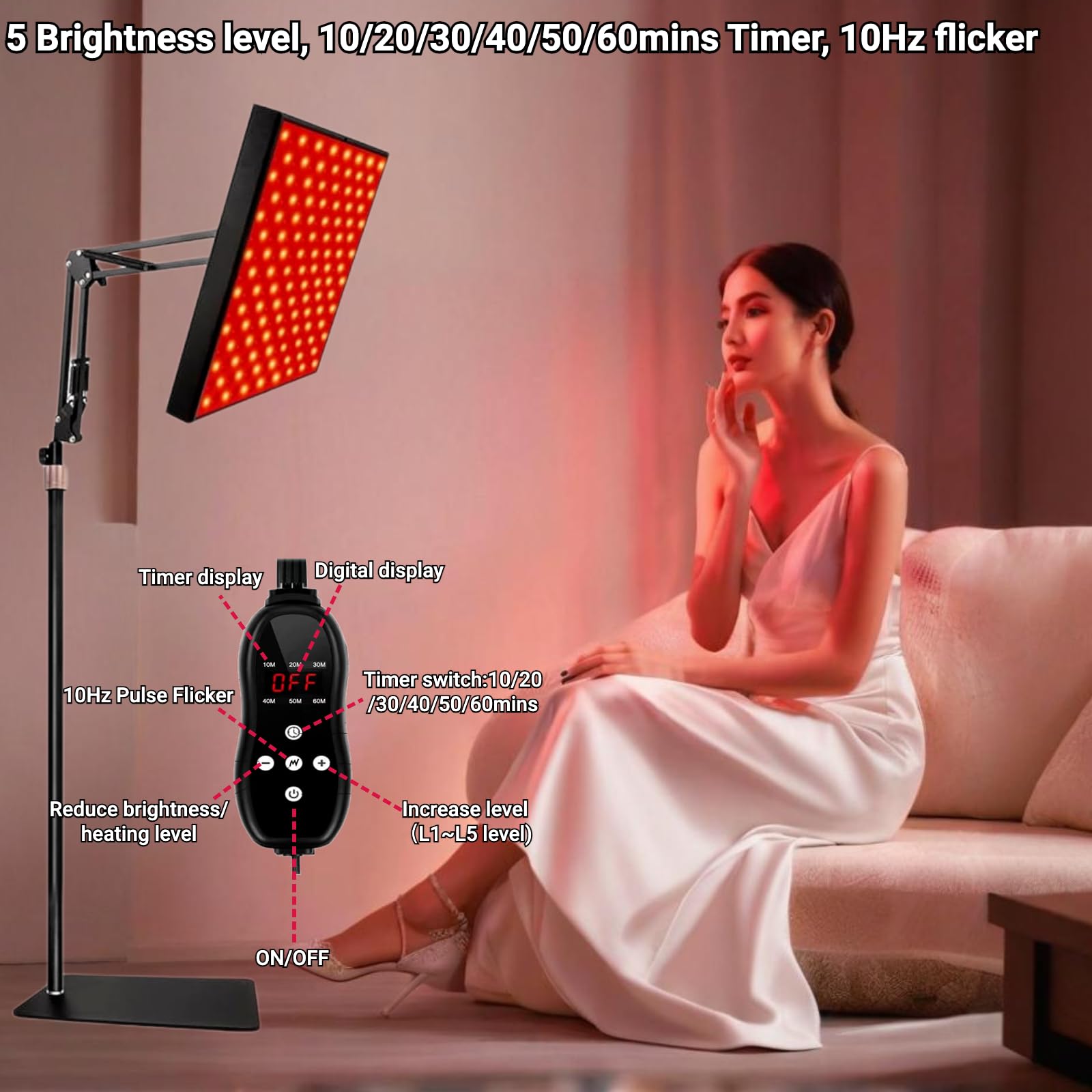 Lampa LED do terapii światłem czerwonym do ciała i twarzy – 660 nm i 850 nm urządzenie do terapii światłem bliskiej podczerwieni ze stojakiem, pilotem zdalnego sterowania, timer 10-60 minut, 5