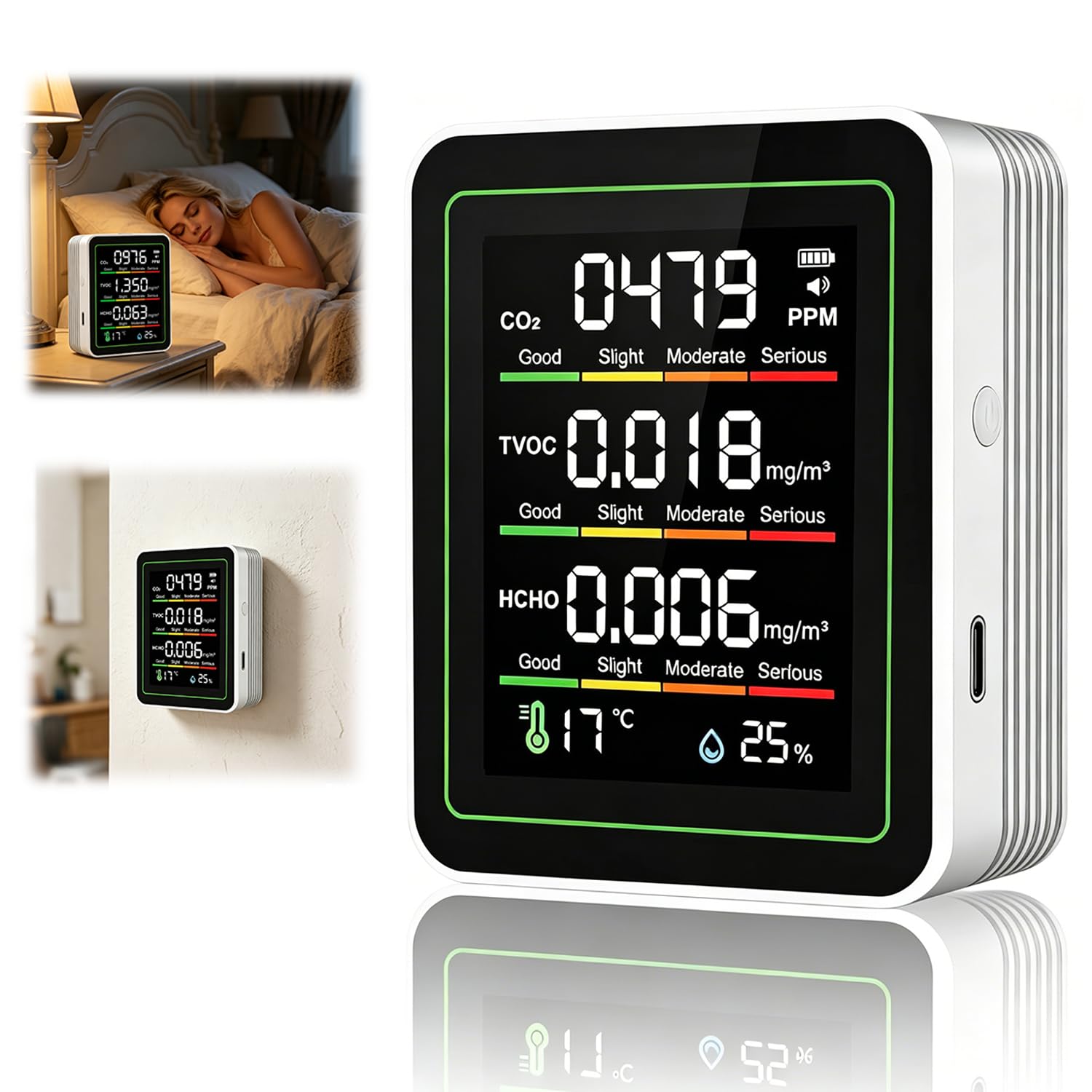 5-in-1 Air Quality Monitor (CO2 | TVOC | HCHO | Temperature | Humidity), CO2 Detector with Smart Alert, Real-Time Display Hygrometer Suitable for Homes, Offices, and Air Monitoring, White