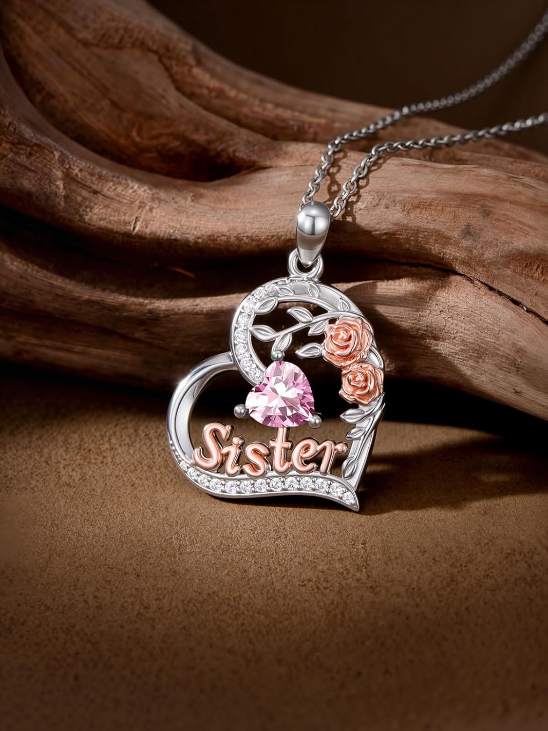 Sister Birthday Gifts for Sister 925 Sterling Silver Heart Rose Birthstone Necklace for Women Anniversary Valentines Day Gifts for Her - Image 2