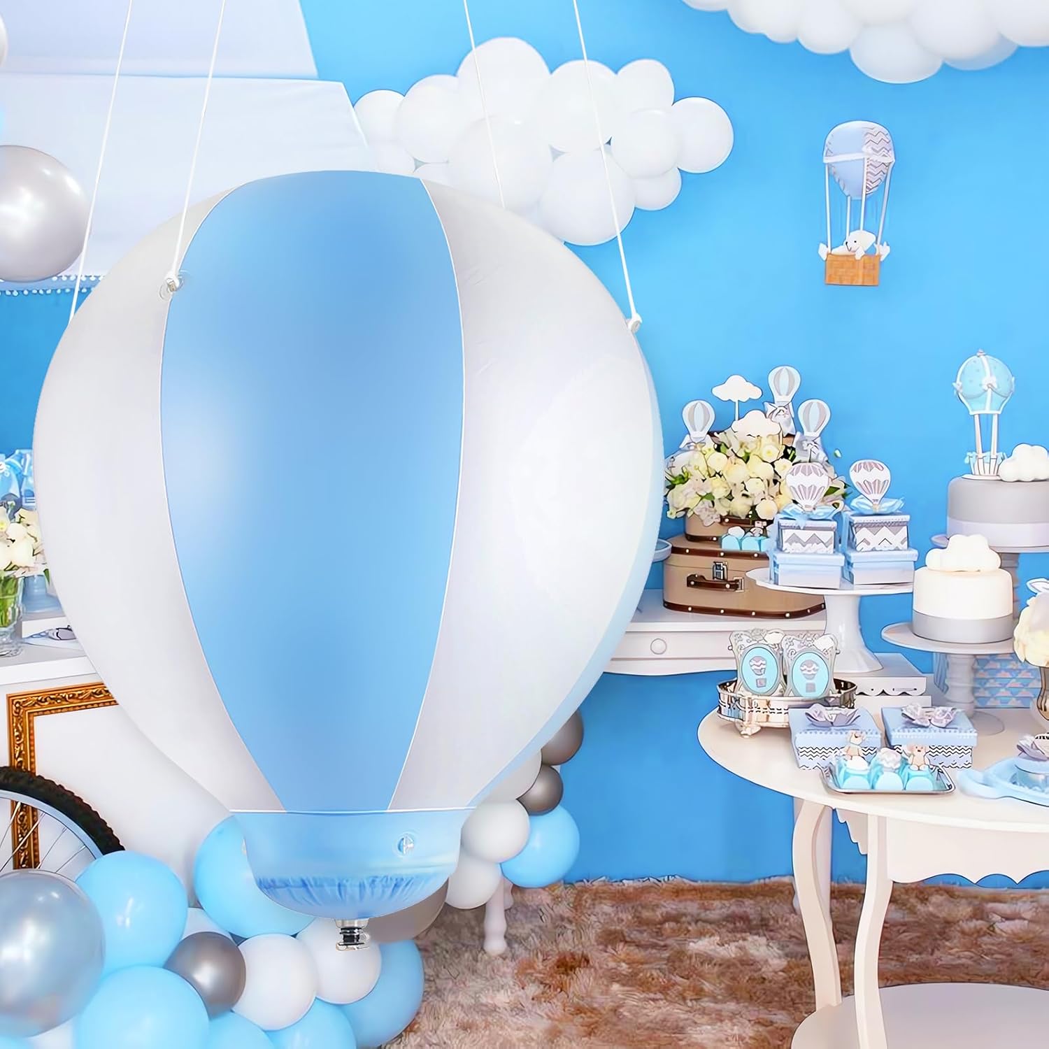 3FT Half Hot Air Balloon with Stand，Inflatable Baby Shower Party Hot Air Balloon Decorations，perfect for Birthday,Wedding,Party,Indoor and Outdoor Use (1m-Blue+white-1pcs)