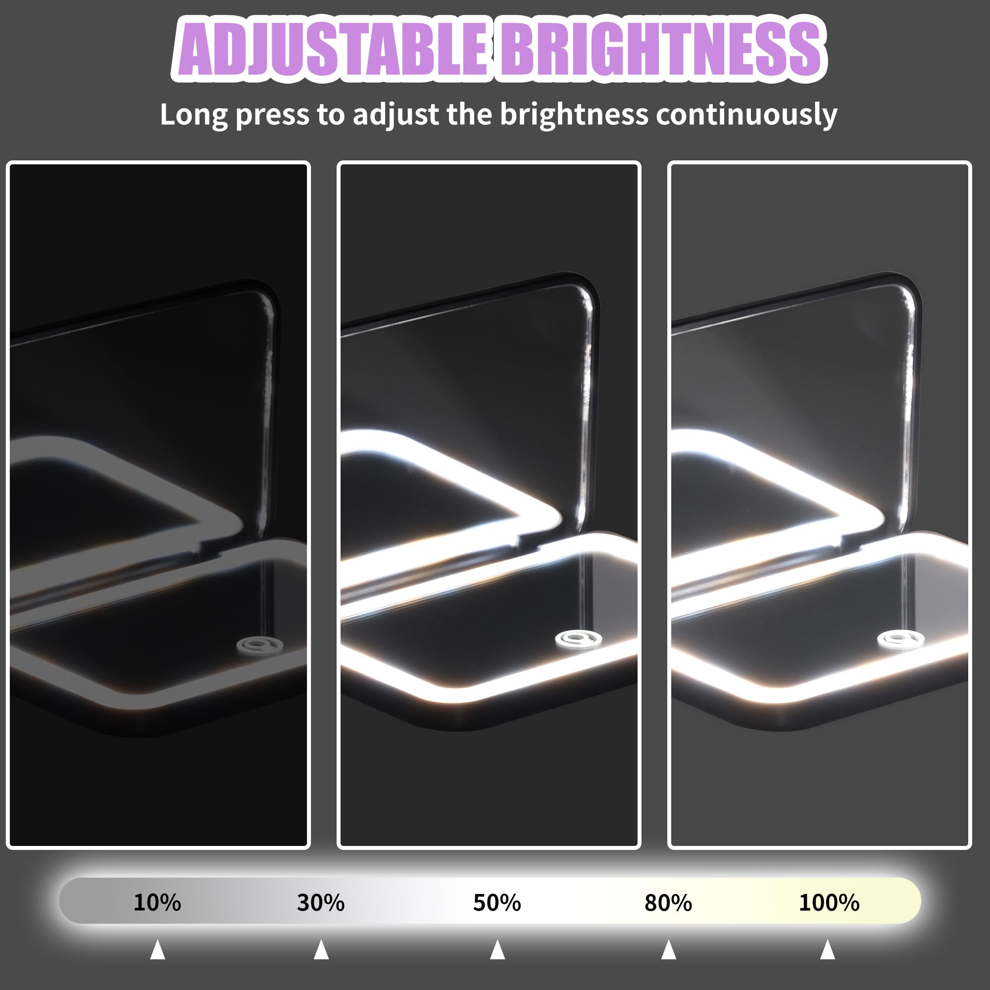 Espejo de Bolsillo con Aumento 1X/2X, Tira LED Tricolor, Brillo Ajustable 5-100%, Batería Integrada, Carga USB-C, Blanco/Negro