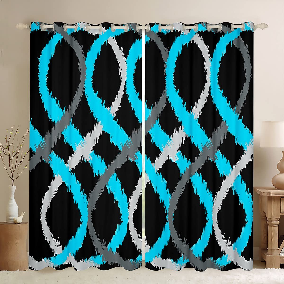 Homemissing Blue Grey and Black Window Curtains Two-Tone Waves Geometric Blackout Curtains Retro Stripe Line Art Darkening Dreapes Modern Abstract Art Window Treatments W46*L54 — image 1