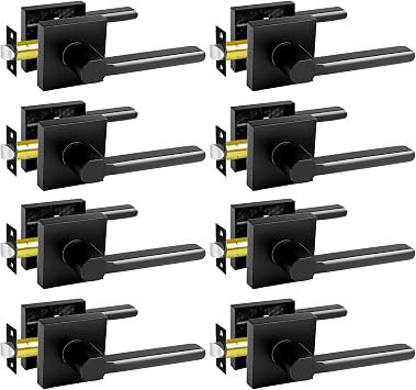 KAMOTA Passage Door Levers, 8 Pack Black Heavy-Duty Interior Door Handles, Square Non-Locking Door Locksets for Closets, Hallways and Conference Rooms, Left and Right Hand Reversible
